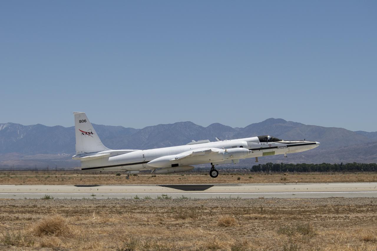NASA's ER-2 high altitude aircraft takes off from Armstrong Flight Research Center Building 703 in Palmdale, California to perform a check flight for the the Dynamics and Chemistry of the Summer Stratosphere, or DCOTSS, 2022 campaign on May 13, 2022.