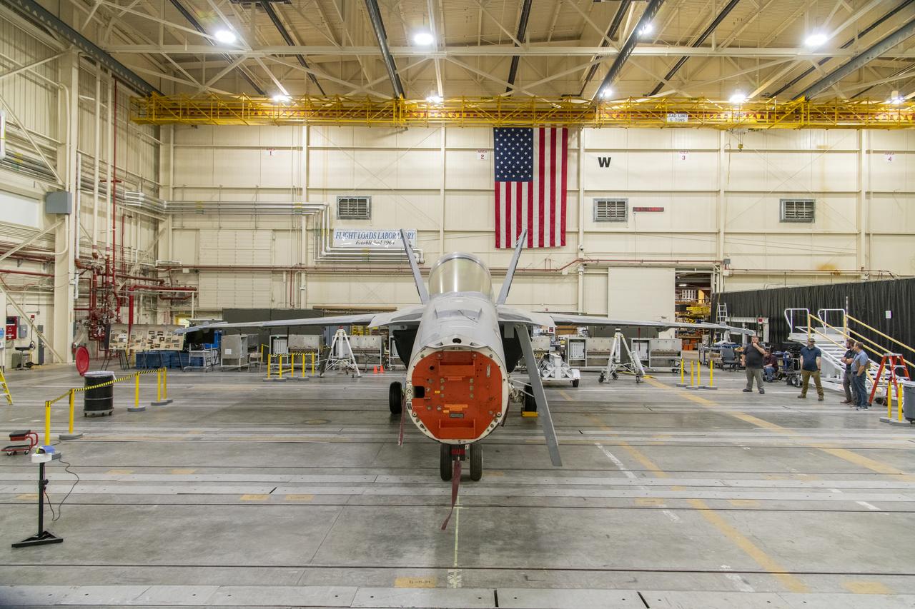 This front view shows an F/A-18E from the Naval Air Systems Command (NAVAIR) in Patuxent River, Maryland. The aircraft is in NASAâ€™s Armstrong Flight Research Center Flight Loads Laboratory in Edwards, California, where it underwent the centerâ€™s biggest load calibrations tests. This testing will permit the aircraft to serve as a test vehicle to determine if it can safely manage maneuvers and proposed upgrades.