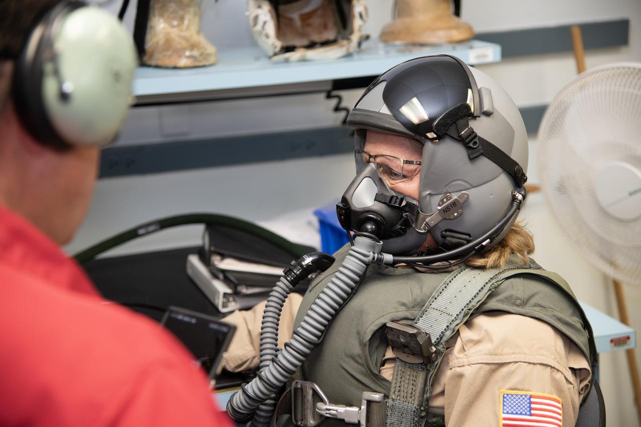 NASA Armstrong videographer Lori Losey undergoes pressure breathing training in San Antonio, Texas. NASA Armstrong aircrews are preparing for high altitude flight tests of the X-59.