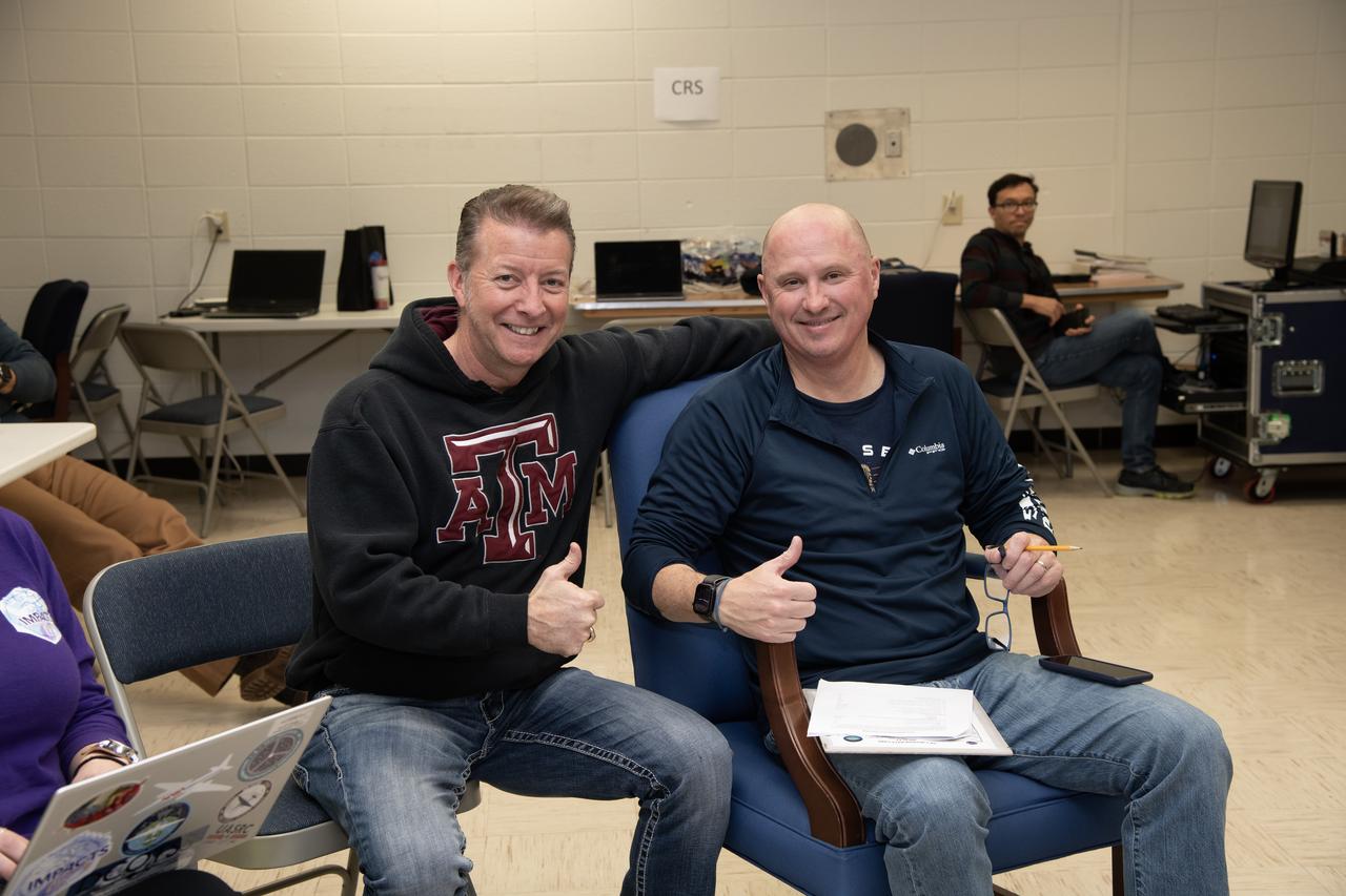 Dean Neeley and Kirt Stallings, ER-2 pilots from NASA’s Armstrong Flight Research Center in Edwards California, completed flights in support of the Investigation of Microphysics and Precipitation for Atlantic Coast-Threatening Storms (IMPACTS) mission. The IMPACTS team tracked storms across the Eastern United States to help understand how winter storms form and develop. Here Neeley and Stallings are seen in a lighter moment at debrief. The aircraft, which is based at NASA’s Armstrong Flight Research Center Building 703 in Palmdale, California, was temporarily based at Dobbins Air Reserve Base in Marietta, Georgia. The three-year IMPACTS campaign concluded on Feb. 28, 2023.