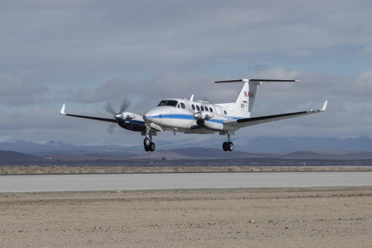 NASA’s Armstrong Flight Research Center in Edwards, California, flew the B200 King Air in support of the Signals of Opportunity Synthetic Aperture Radar (SoOpSAR) campaign on Feb. 27, 2023.