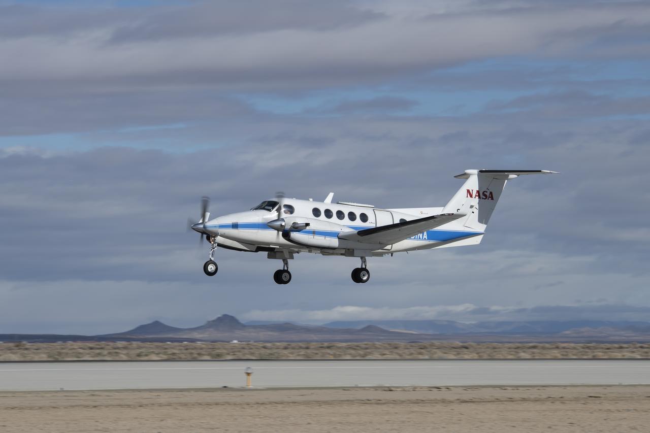 NASA’s Armstrong Flight Research Center in Edwards, California, flew the B200 King Air in support of the Signals of Opportunity Synthetic Aperture Radar (SoOpSAR) campaign on Feb. 27, 2023.
