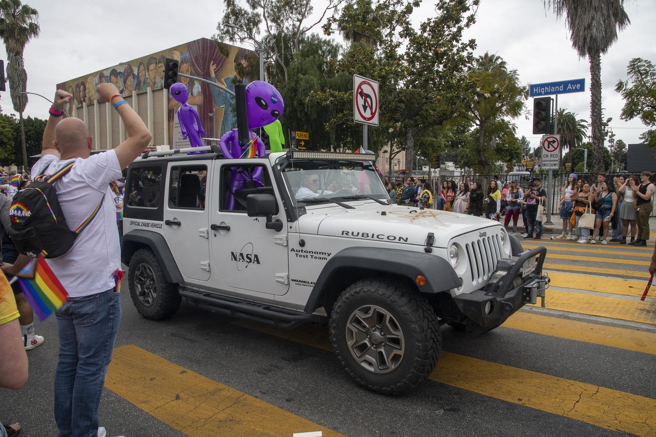 NASA’s Armstrong Flight Research Center in Edwards, California, and NASA’s Jet Propulsion Laboratory in Pasadena, California marched in the LA Pride Parade in June 2023.  This was NASA Armstrong’s first time participating in the parade, and many NASA employees attended to celebrate the LGBTQIA+ community and allyship.  NASA’s team included engineers, scientists, technicians, and mission support folks who enrich the organization by showing up as themselves.  On Earth and at NASA, there is space for everyone.