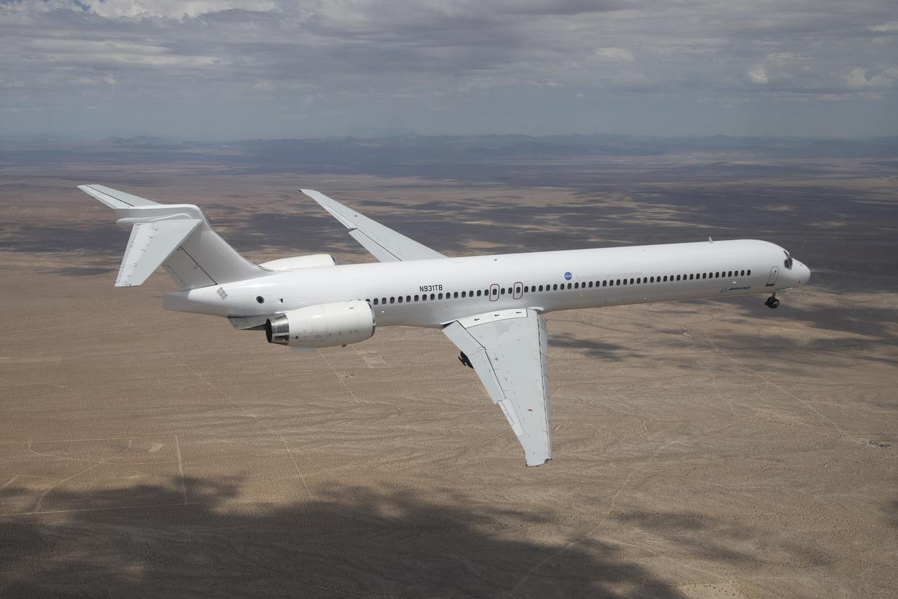 Boeing’s MD-90 aircraft flies from Victorville California to Palmdale, California on August 15, 2023. This aircraft will be NASA’s future Sustainable Flight Demonstrator. Modifications to the aircraft will include changes to the fuselage and most notably the use of a transonic truss-braced wing. 