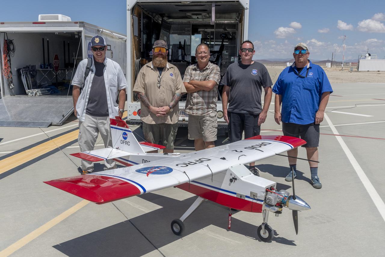 John Melton, Justin Hall, Derek Abramson, Justin Link, and Robert "Red" Jensen were key on mission day for the Advanced Exploration of Reliable Operation at Low Altitudes: Meteorology, Simulation, and Technology campaign. The DROID 2 (Dryden Remotely Operated Integrated Drone 2) aircraft supported the campaign at NASA's Armstrong Flight Research Center in Edwards, California. The focus was to study wind to provide data for safe takeoff and landing of future air taxis.