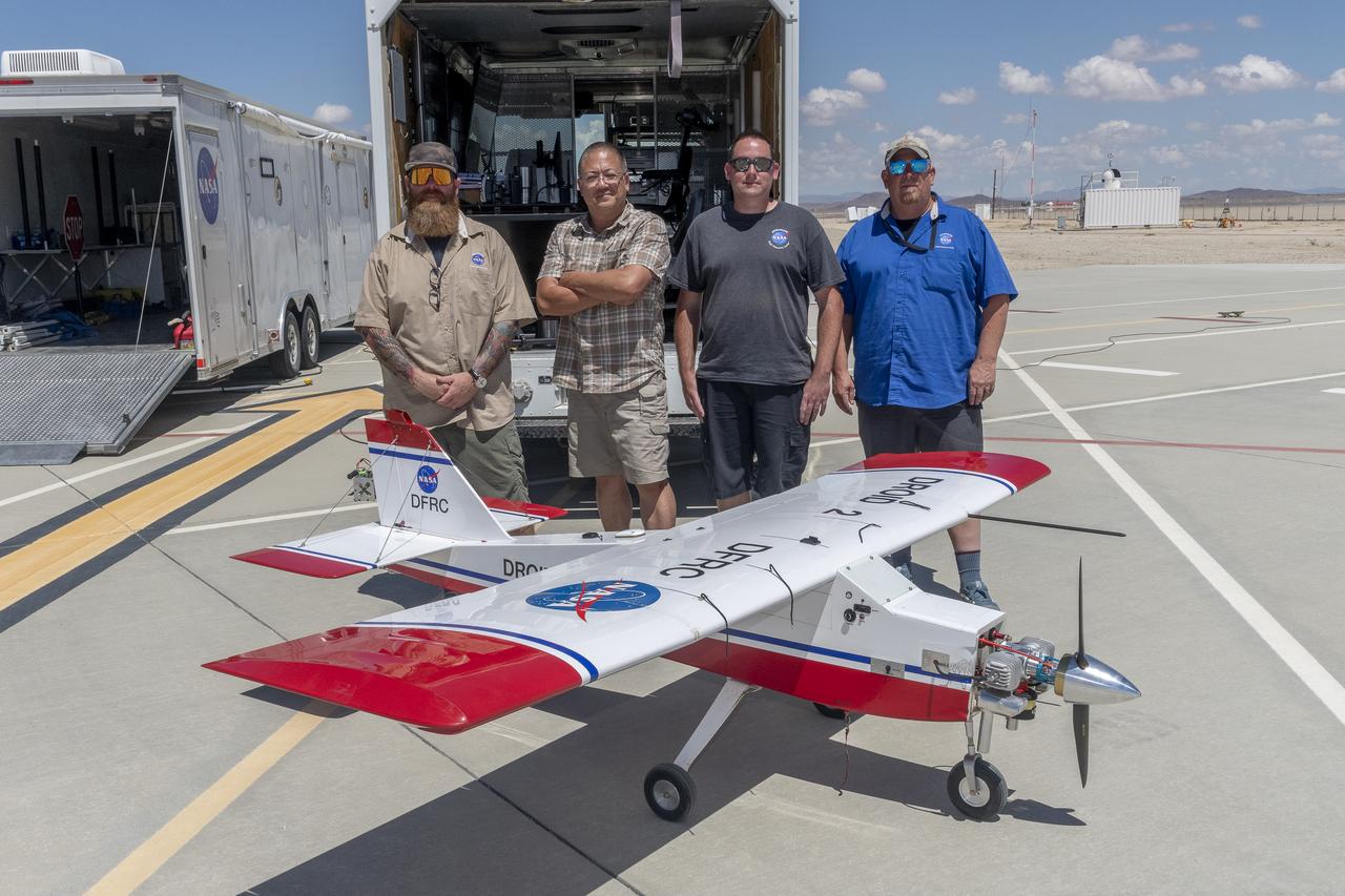 Justin Hall, Derek Abramson, Justin Link, and Robert "Red" Jensen were key to a successful mission for the DROID 2 (Dryden Remotely Operated Integrated Drone 2) aircraft at NASA's Armstrong Flight Research Center in Edwards, California. The aircraft flew as part of the Advanced Exploration of Reliable Operation at Low Altitudes: Meteorology, Simulation, and Technology campaign. The focus was to study wind to provide data for safe takeoff and landing of future air taxis.