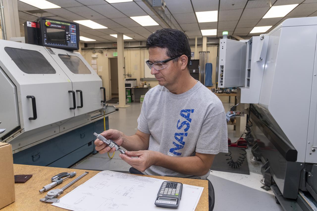 Jose Vasquez verifies a jury strut adaptor created for a 10-foot model of the Transonic Truss-Braced Wing at NASA’s Armstrong Flight Research Center, in Edwards, California. The aircraft concept involves a wing braced on an aircraft using diagonal struts that also add lift and could result in significantly improved aerodynamics.