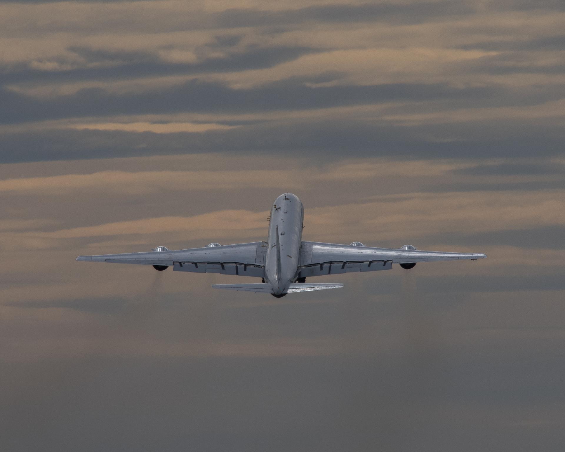 NASA Armstrong Flight Research Center’s DC-8 aircraft takes flight over the northwestern U.S. to monitor emissions from Boeing’s ecoDemonstrator Explorer aircraft.