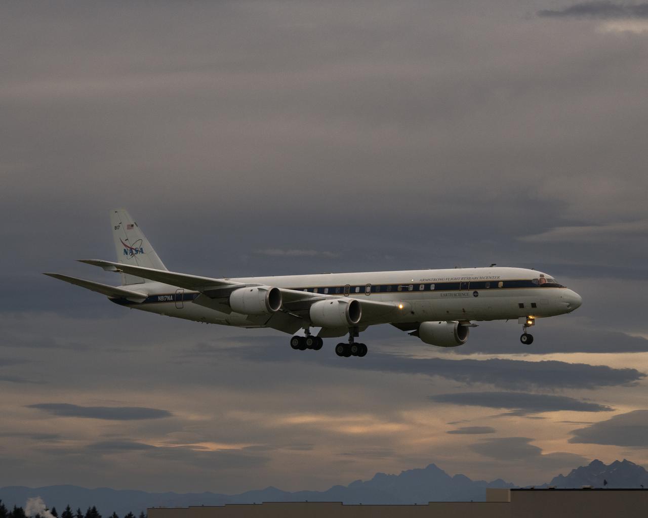 NASA’s DC-8 aircraft from Armstrong Flight Research Center in Edwards, California flies to Everett, Washington to conduct science research about reducing engine particle emissions.  Partners include Boeing, United, General Electric Aerospace, German Aerospace Center (DLR), the FAA, and World Energy.  Boeing’s new passenger aircraft uses revolutionary Sustainable Aviation Fuel, SAF, and NASA’s DC-8 flies behind the Boeing plane to measure its impact throughout flight.  The results of this study will be released publicly to facilitate the improvement of aviation technology worldwide.