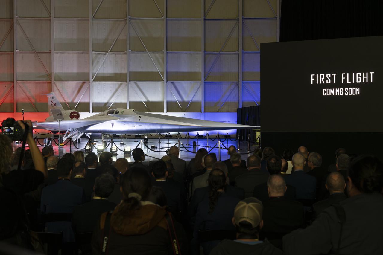 NASA’s X-59 quiet supersonic research aircraft is unveiled at a January 12, 2024 event at Lockheed Martin Skunk Works in Palmdale, California. The X-59 is the centerpiece of NASA’s Quesst mission, which seeks to solve one of the major barriers to supersonic flight over land, currently banned in the United States, by making sonic booms quieter.