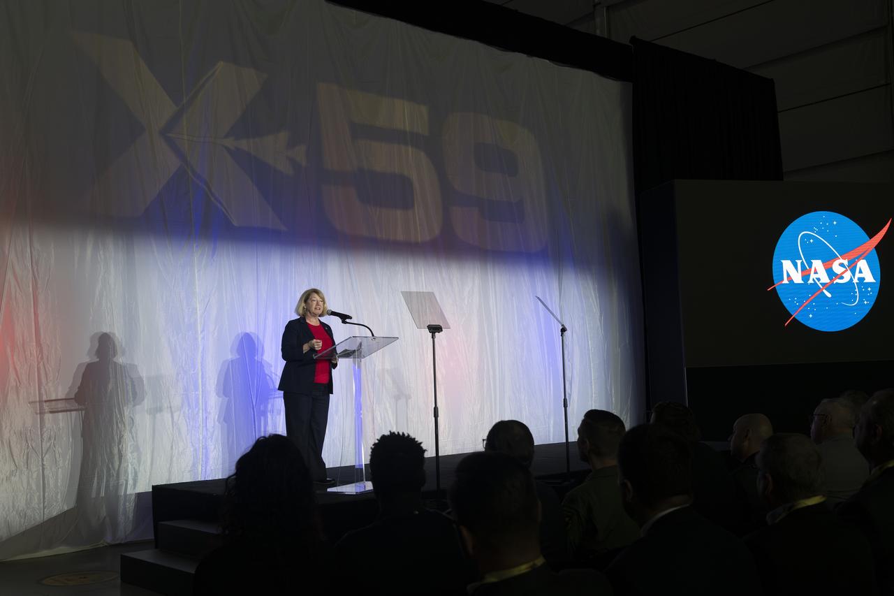 NASA Deputy Administrator Pam Melroy speaks on stage prior to the official unveiling of the agency’s X-59 quiet supersonic research aircraft at a January 12, 2024 event at Lockheed Martin Skunk Works in Palmdale, California. The X-59 is the centerpiece of NASA’s Quesst mission, which seeks to solve one of the major barriers to supersonic flight over land, currently banned in the United States, by making sonic booms quieter.