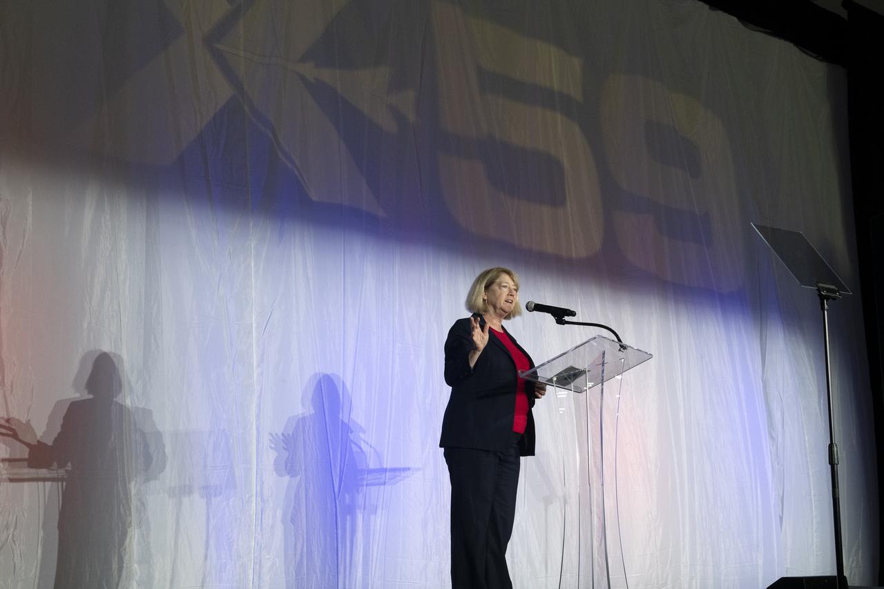 NASA Deputy Administrator Pam Melroy speaks on stage prior to the official unveiling of the agency’s X-59 quiet supersonic research aircraft at a January 12, 2024 event at Lockheed Martin Skunk Works in Palmdale, California. The X-59 is the centerpiece of NASA’s Quesst mission, which seeks to solve one of the major barriers to supersonic flight over land, currently banned in the United States, by making sonic booms quieter.