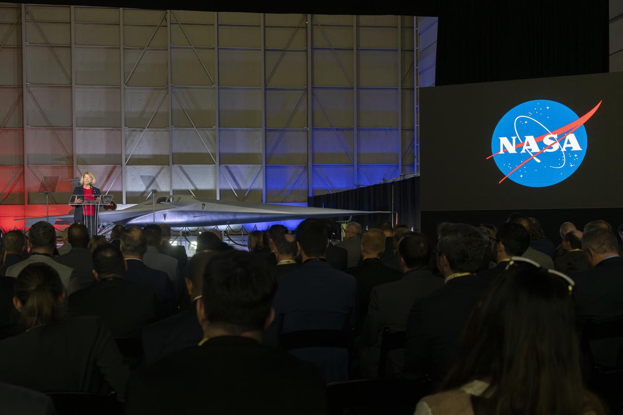 NASA Deputy Administrator Pam Melroy speaks on stage immediately following the unveiling of the agency’s X-59 quiet supersonic research aircraft at a January 12, 2024 event at Lockheed Martin Skunk Works in Palmdale, California. The X-59 is the centerpiece of NASA’s Quesst mission, which seeks to solve one of the major barriers to supersonic flight over land, currently banned in the United States, by making sonic booms quieter.