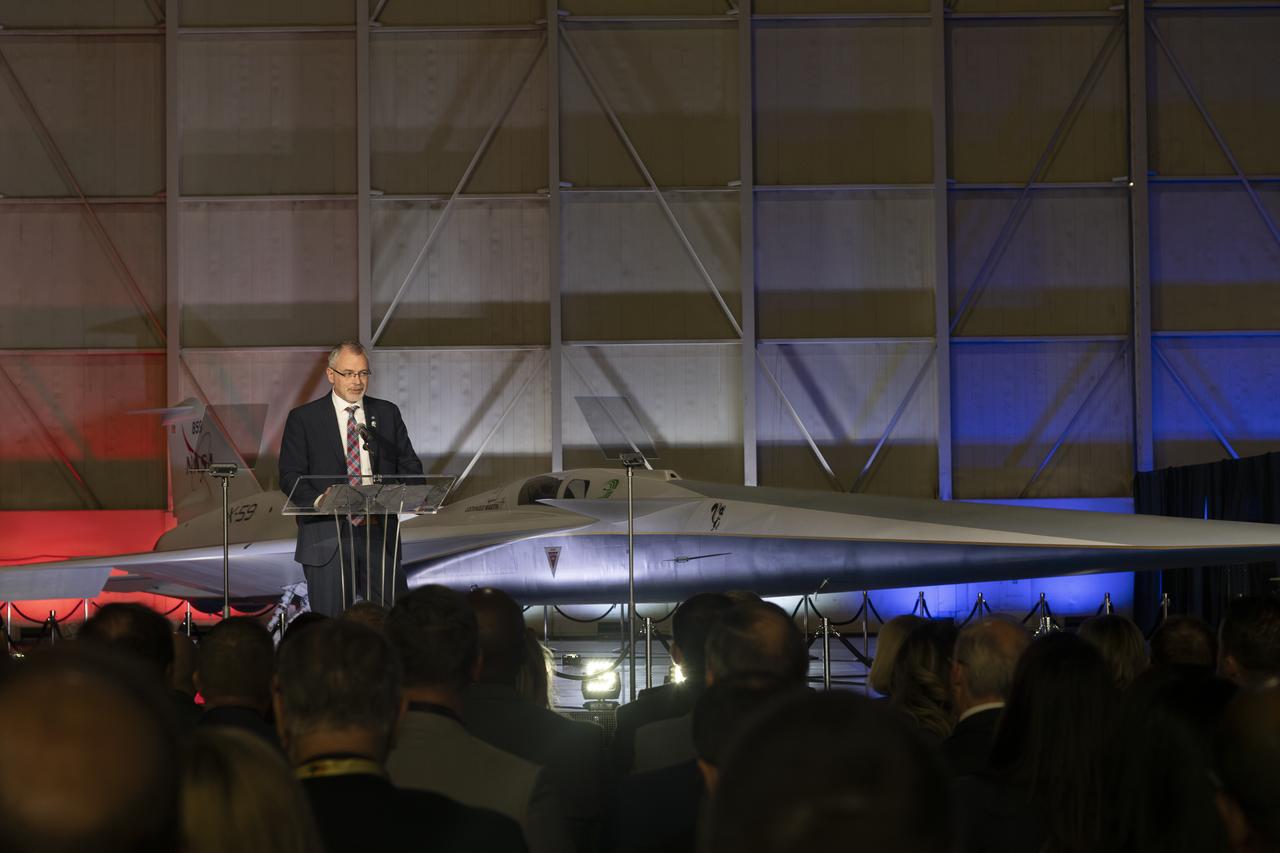 NASA Associate Administrator Jim Free speaks on stage following the unveiling of the agency’s X-59 quiet supersonic research aircraft at a January 12, 2024 event at Lockheed Martin Skunk Works in Palmdale, California. The X-59 is the centerpiece of NASA’s Quesst mission, which seeks to solve one of the major barriers to supersonic flight over land, currently banned in the United States, by making sonic booms quieter.