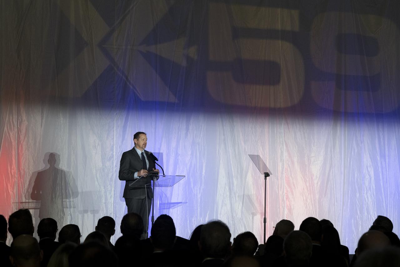Lockheed Martin Skunk Works Vice President and General Manager John Clark speaks on stage prior to the unveiling of the agency’s X-59 quiet supersonic research aircraft at a January 12, 2024 event at Lockheed Martin Skunk Works in Palmdale, California. The X-59 is the centerpiece of NASA’s Quesst mission, which seeks to solve one of the major barriers to supersonic flight over land, currently banned in the United States, by making sonic booms quieter.