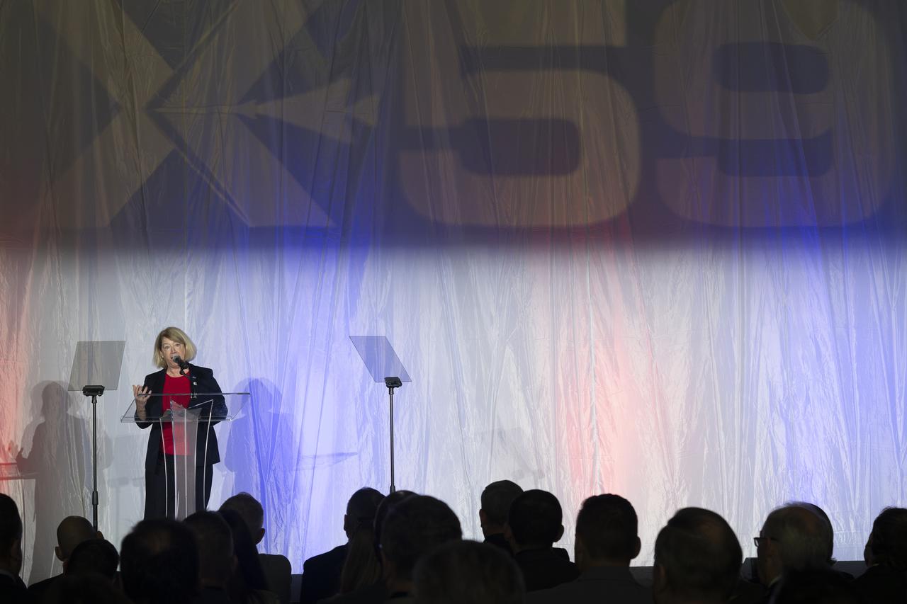 NASA Deputy Administrator Pam Melroy speaks on stage prior to the official unveiling of the agency’s X-59 quiet supersonic research aircraft at a January 12, 2024 event at Lockheed Martin Skunk Works in Palmdale, California. The X-59 is the centerpiece of NASA’s Quesst mission, which seeks to solve one of the major barriers to supersonic flight over land, currently banned in the United States, by making sonic booms quieter.