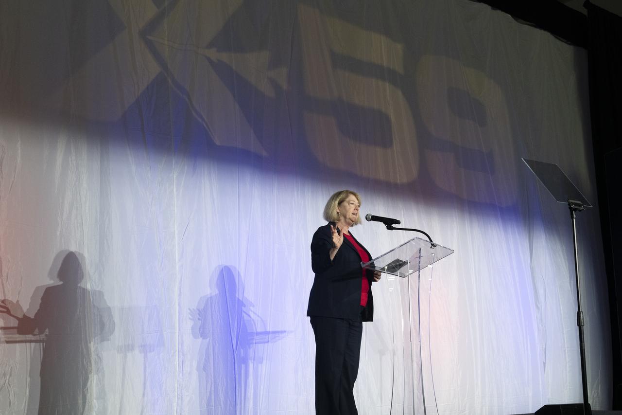 NASA Deputy Administrator Pam Melroy speaks on stage prior to the official unveiling of the agency’s X-59 quiet supersonic research aircraft at a January 12, 2024 event at Lockheed Martin Skunk Works in Palmdale, California. The X-59 is the centerpiece of NASA’s Quesst mission, which seeks to solve one of the major barriers to supersonic flight over land, currently banned in the United States, by making sonic booms quieter.