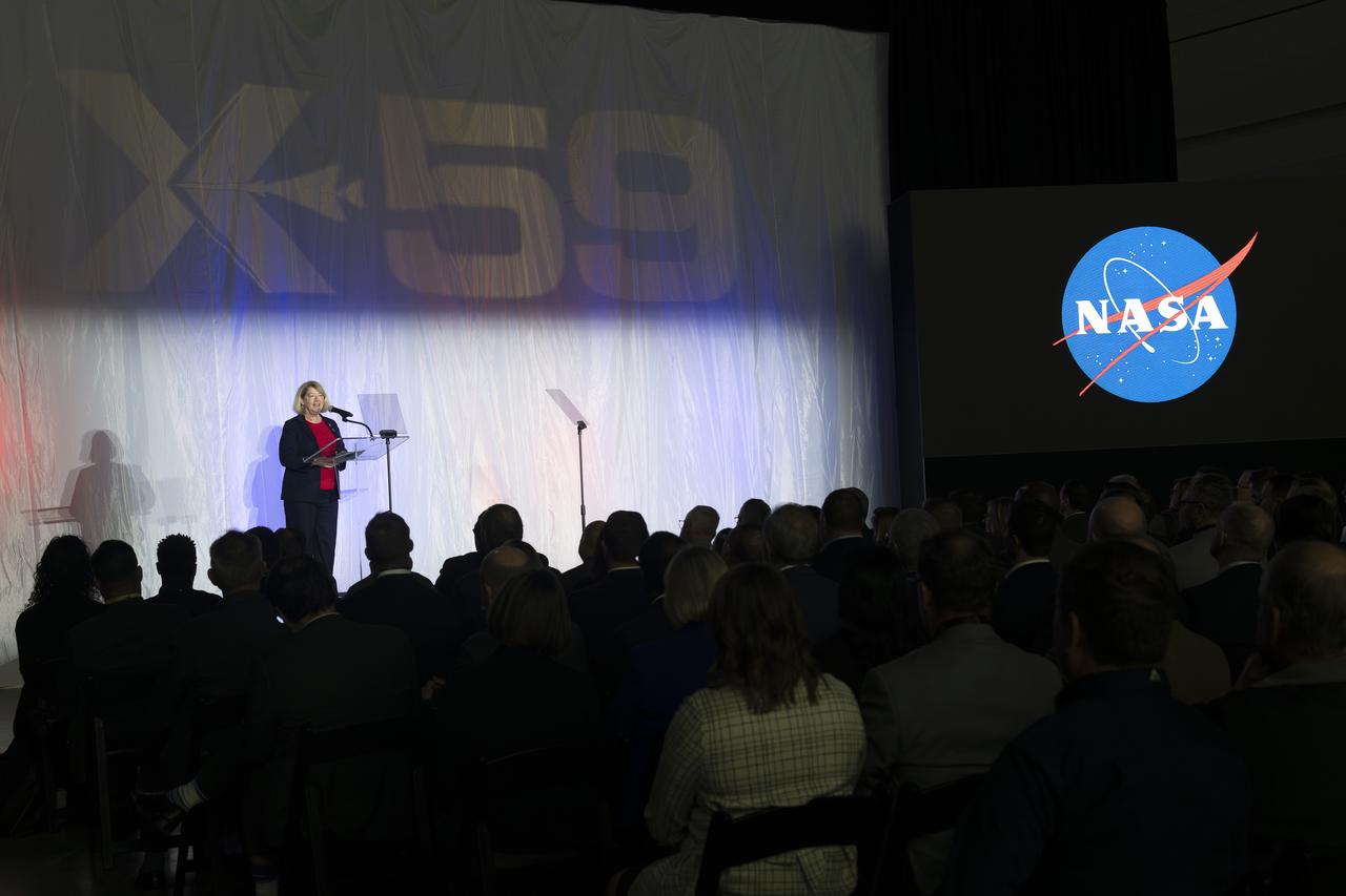 NASA Deputy Administrator Pam Melroy speaks on stage prior to the official unveiling of the agency’s X-59 quiet supersonic research aircraft at a January 12, 2024 event at Lockheed Martin Skunk Works in Palmdale, California. The X-59 is the centerpiece of NASA’s Quesst mission, which seeks to solve one of the major barriers to supersonic flight over land, currently banned in the United States, by making sonic booms quieter.