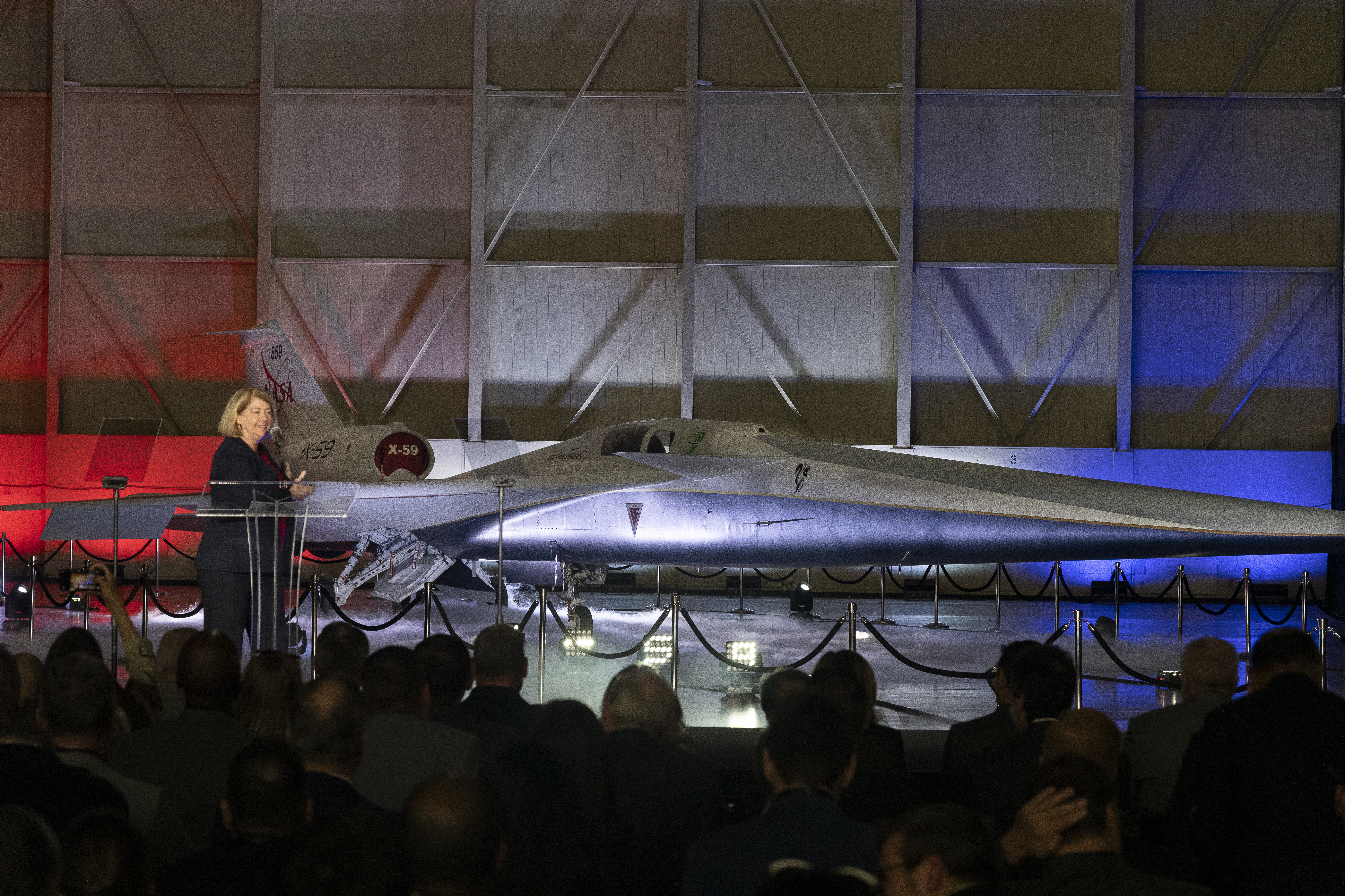 NASA Deputy Administrator Pam Melroy speaks on stage immediately following the unveiling of the agency’s X-59 quiet supersonic research aircraft at a January 12, 2024 event at Lockheed Martin Skunk Works in Palmdale, California. The X-59 is the centerpiece of NASA’s Quesst mission, which seeks to solve one of the major barriers to supersonic flight over land, currently banned in the United States, by making sonic booms quieter.