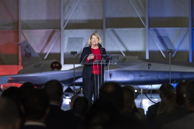 NASA image: NASA’s Deputy Administrator Speaks in Front of Unveiled X-59