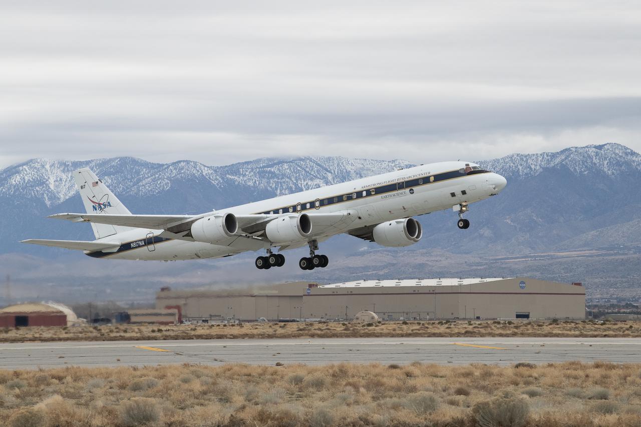 DC-8 aircraft conducts test flights at Building 703 in Palmdale, CA. The DC-8 aircraft is prepared for its last mission, ASIA-AQ (Airborne and Satellite Investigation of Asian Air Quality), that will collect detailed air quality data over several locations in Asia to improve the understanding of local air quality in collaboration with local scientists, air quality agencies, and government partners