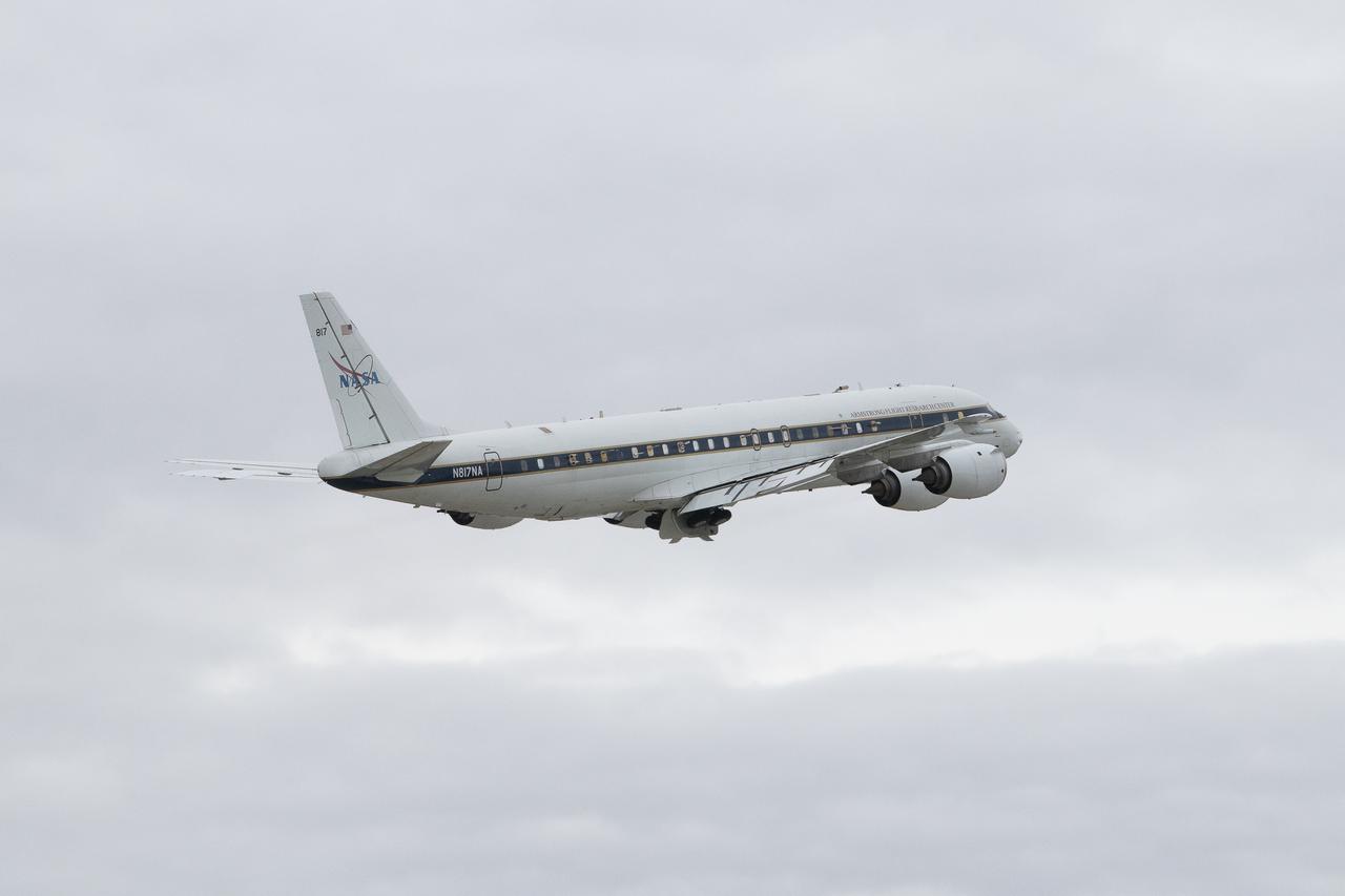 DC-8 aircraft conducts test flights at Building 703 in Palmdale, CA. The DC-8 aircraft is prepared for its last mission, ASIA-AQ (Airborne and Satellite Investigation of Asian Air Quality), that will collect detailed air quality data over several locations in Asia to improve the understanding of local air quality in collaboration with local scientists, air quality agencies, and government partners