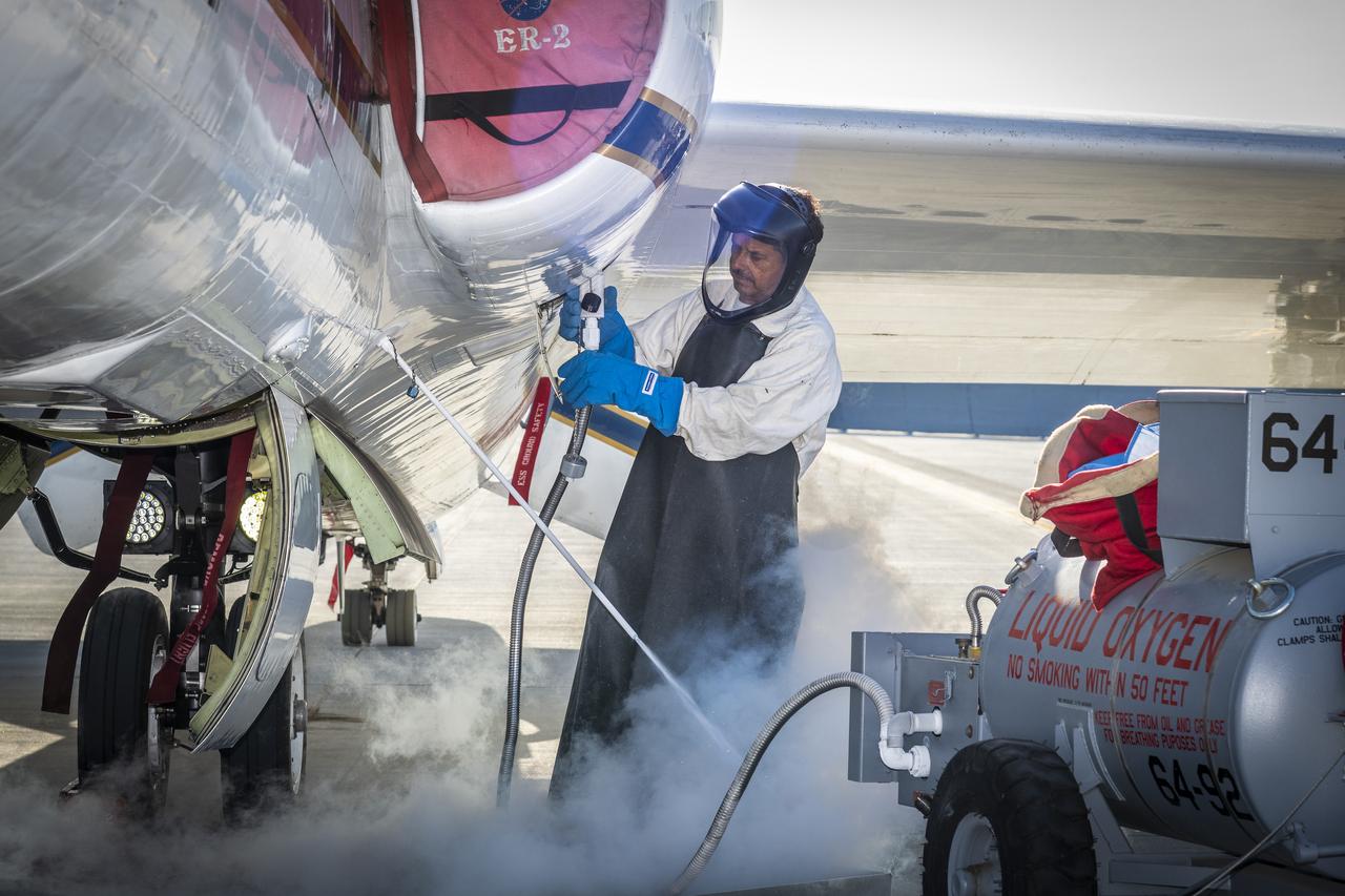 Francisco Rodriguez (aircraft mechanic) services liquid oxygen or LOX on the ER-2 during the Geological Earth Mapping Experiment (GEMx) research project. Experts like Rodriguez sustain a high standard of safety on airborne science aircraft like the ER-2 and science missions like GEMx. The ER-2 is based out of NASA’s Armstrong Flight Research Center in Edwards, California.