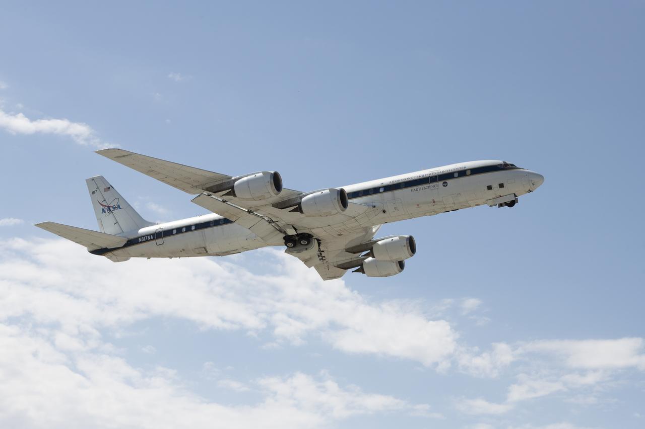 The DC-8 ascents during its final flight before it is retired from NASA’s Armstrong Flight Research Center Building 703 in Palmdale, California, to Idaho State University in Pocatello, Idaho. The DC-8 will provide real-world experience to train future aircraft technicians at the college’s Aircraft Maintenance Technology Program.