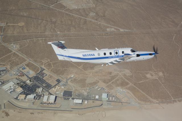 NASA Pilatus PC-12 soars over NASA’s Armstrong Flight Research Center in Edwards, California on Sept. 18, 2024.