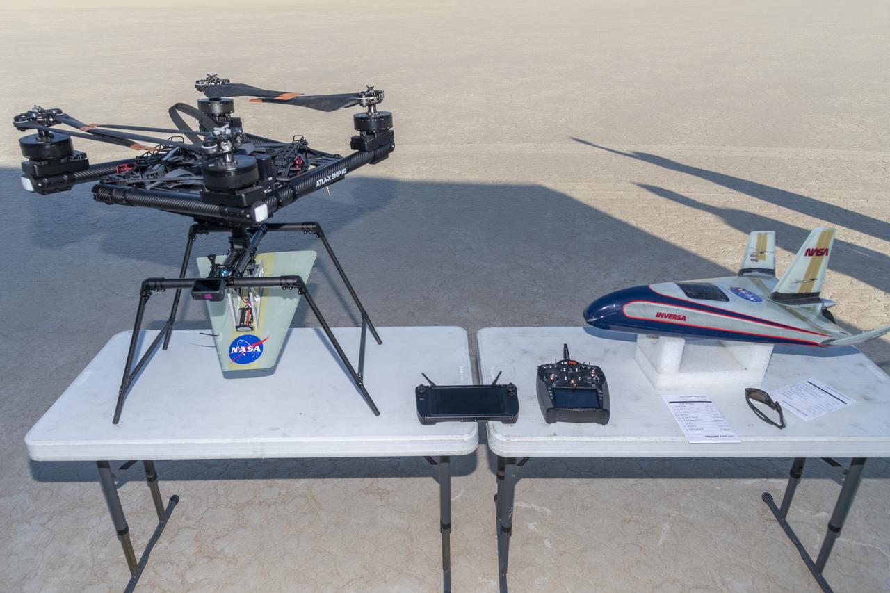 The atmospheric probe, right, flew after release from a quad rotor remotely piloted aircraft, left, on Oct. 22, 2024, above Rogers Dry Lake, a flight area adjacent to NASA’s Armstrong Flight Research Center in Edwards, California. The probe was designed and built at the center.