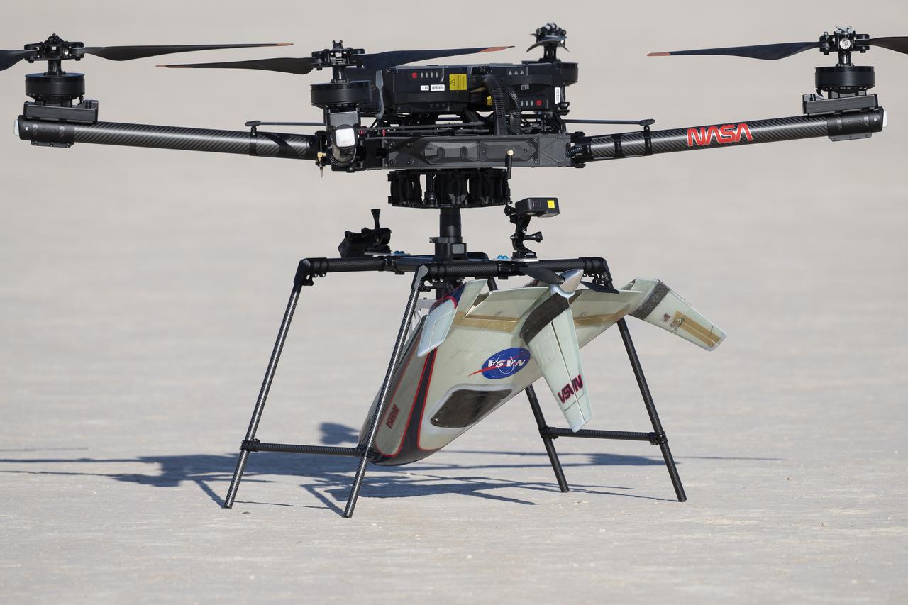 An atmospheric probe model is attached upside down to a quad rotor remotely piloted aircraft on Oct. 22, 2024. The quad rotor aircraft released the probe above Rogers Dry Lake, a flight area adjacent NASA’s Armstrong Flight Research Center in Edwards, California. The probe was designed and built at the center.