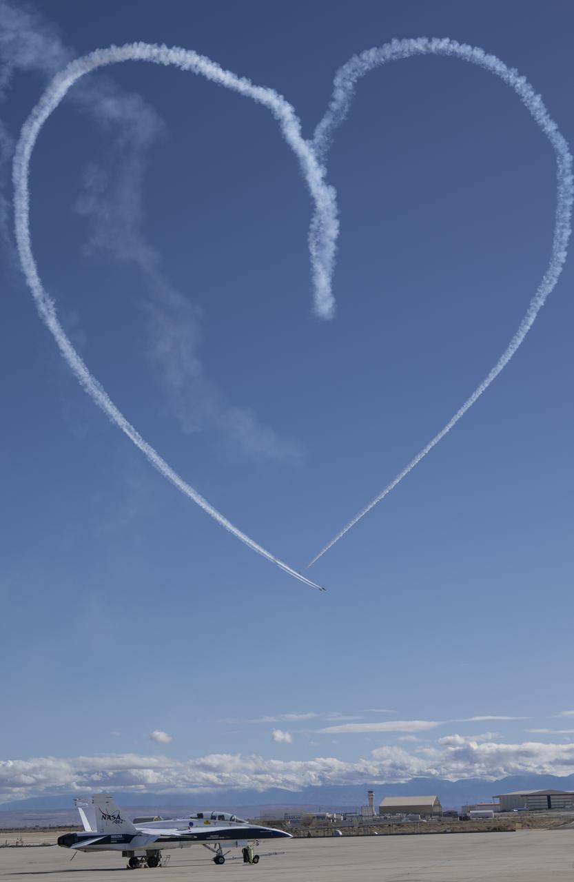 The U.S. Air Force Thunderbirds fly over NASA’s Armstrong Flight Research Center in Edwards, California, during the second phase of its winter training in February 2025 to prepare for the upcoming air show season. The Thunderbirds perform all over the world in F-16 Fighting Falcons, a multi-role fighter jet.