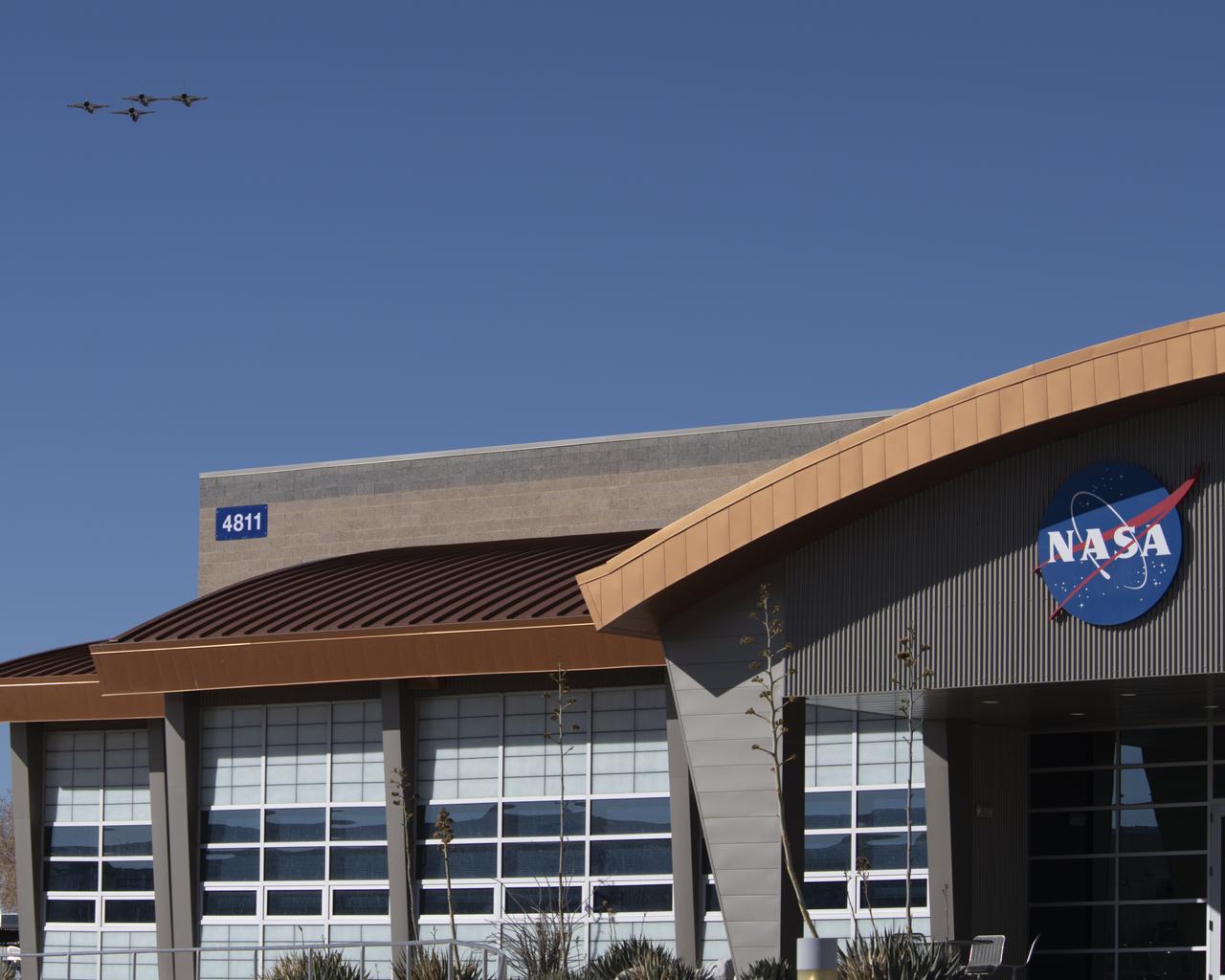 The U.S. Air Force Thunderbirds fly over NASA’s Armstrong Flight Research Center in Edwards, California, during the second phase of its winter training in February 2025 to prepare for the upcoming air show season. The Thunderbirds perform all over the world in F-16 Fighting Falcons, a multi-role fighter jet.