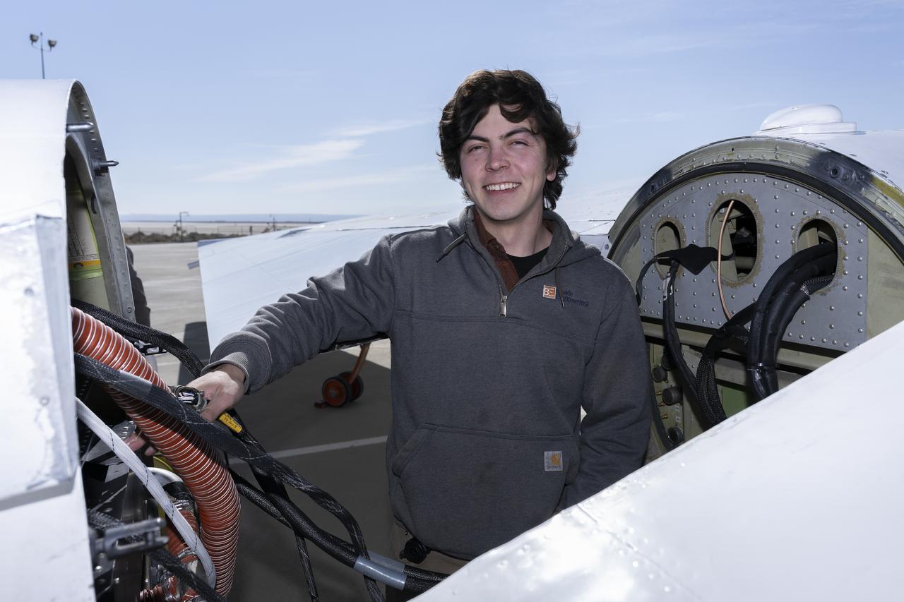A team of experts wrap up science flights on the ER-2 aircraft at Armstrong Flight Research Center in Edwards, California after the GSFC Lidar Observation and Validation Experiment (GLOVE) in February 2025. Nikolas Gibson from NASA Ames Research Center integrates the enhanced MODIS Airbrone Simulator (eMAS) instrument onto the ER-2. As a collaboration between engineers, scientists, and aircraft professionals, GLOVE aims to improve satellite data products for Earth Science applications.