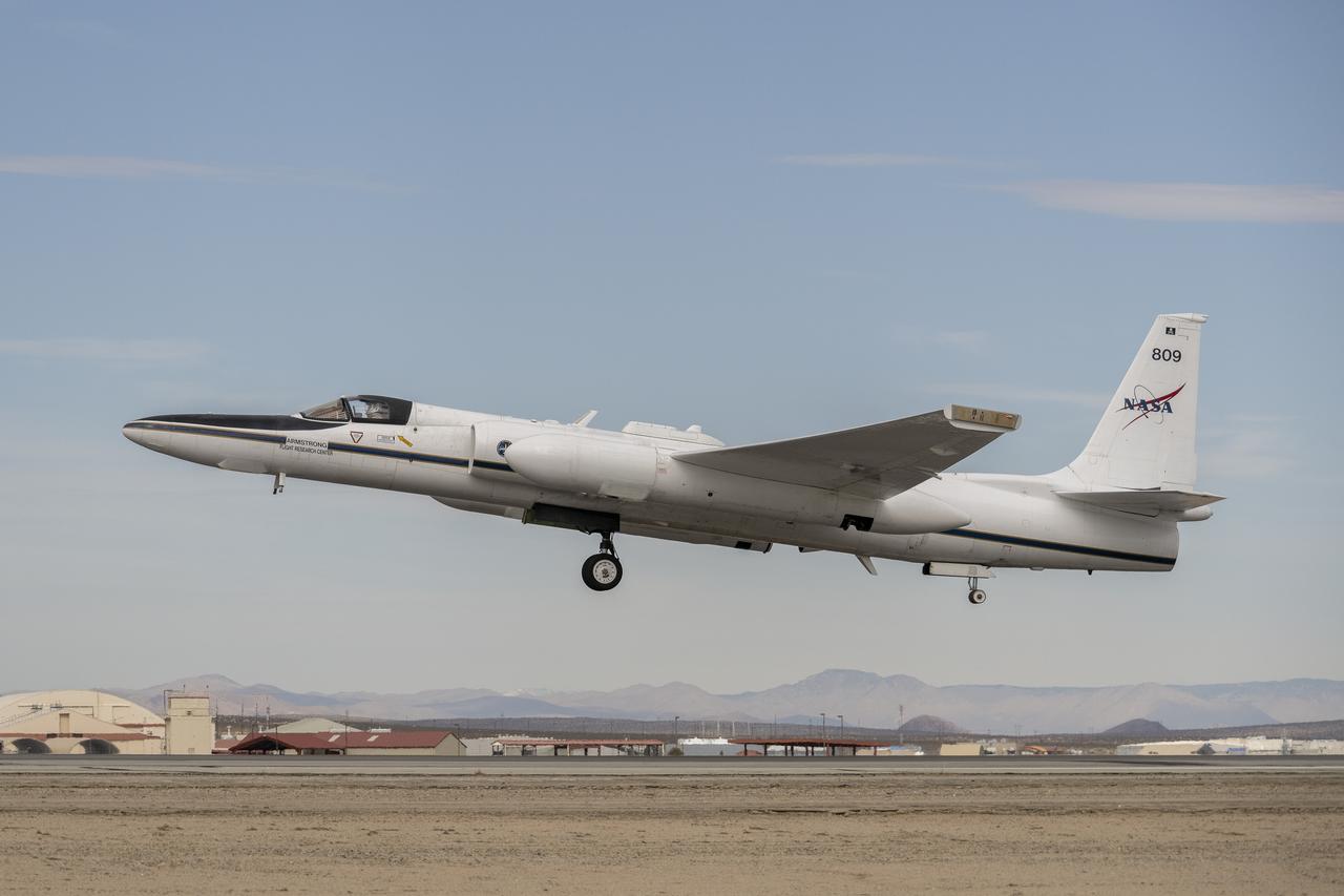 A team of experts wrap up science flights on the ER-2 aircraft at Armstrong Flight Research Center in Edwards, California after the GSFC Lidar Observation and Validation Experiment (GLOVE) in February 2025. Pilot Tim Williams ascends the ER-2 on the runway for one of the final science flights validating satellite-borne data. As a collaboration between engineers, scientists, and aircraft professionals, GLOVE aims to improve satellite data products for Earth Science applications.