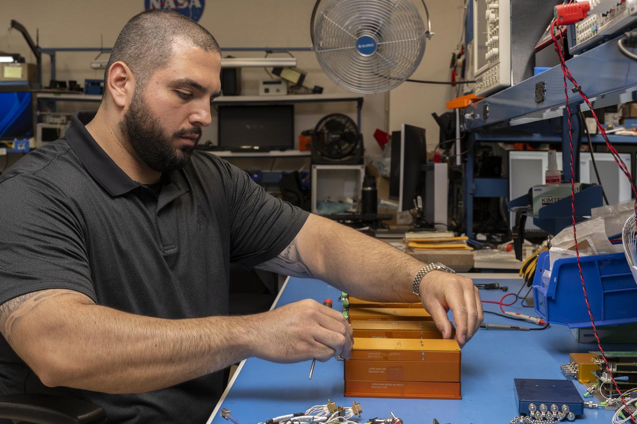 Jonathan Lopez works on a hypersonic Fiber Optic Sensing System at NASA’s Armstrong Flight Research Center in Edwards, California, on Feb. 13, 2025. The system measures strain and temperature, critical safety data for hypersonic vehicles that travel five time the speed of sound.