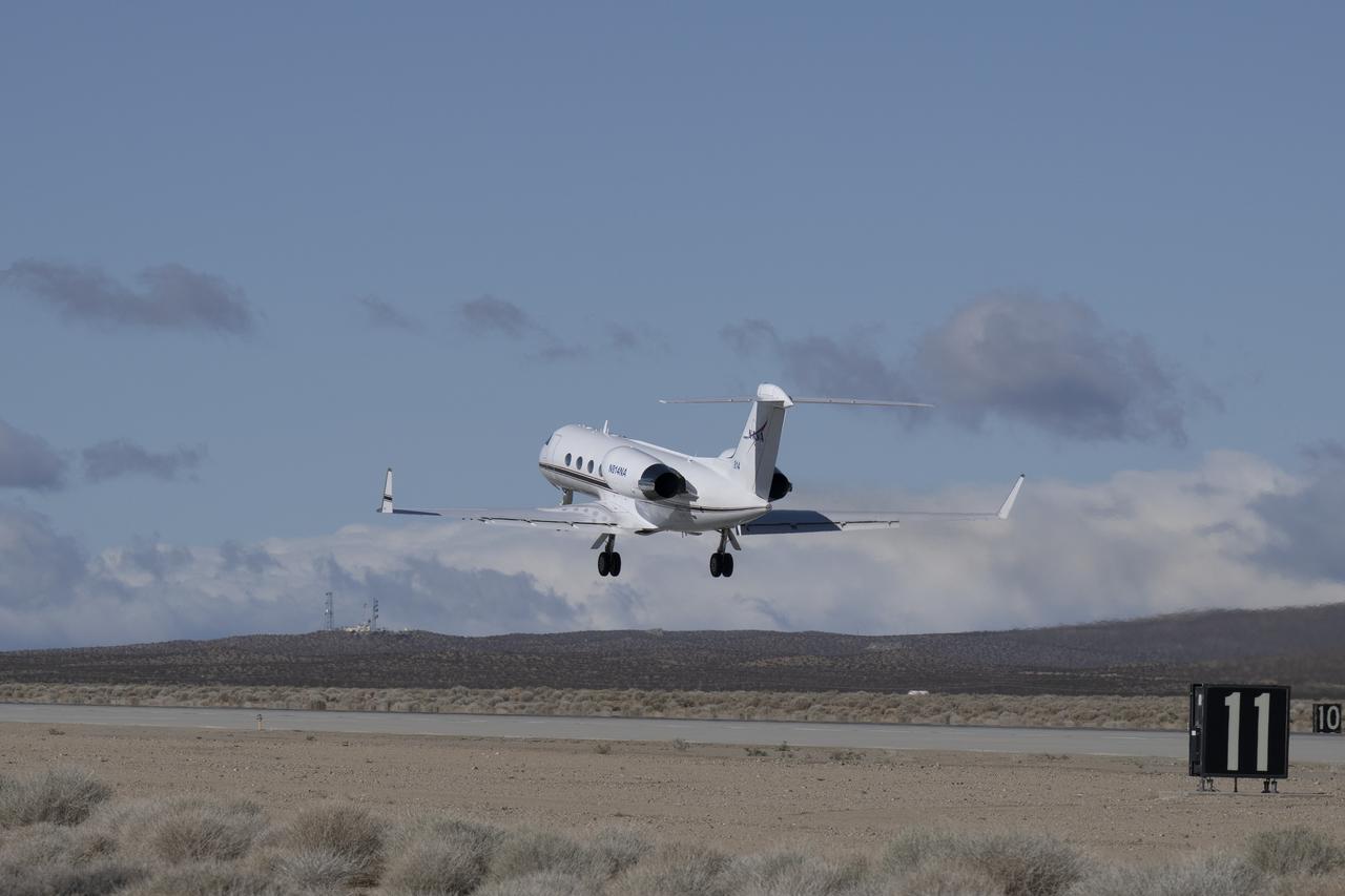 The G-IV aircraft lifts off from NASA’s Armstrong Flight Research Center in Edwards, California, on March 18, 2025. As the newest member of NASA Armstrong’s airborne science fleet, the G-IV was sent to Avenger Aerospace Solutions in Cartersville, Georgia, for modifications that will optimize the G-IV’s performance as a research aircraft.