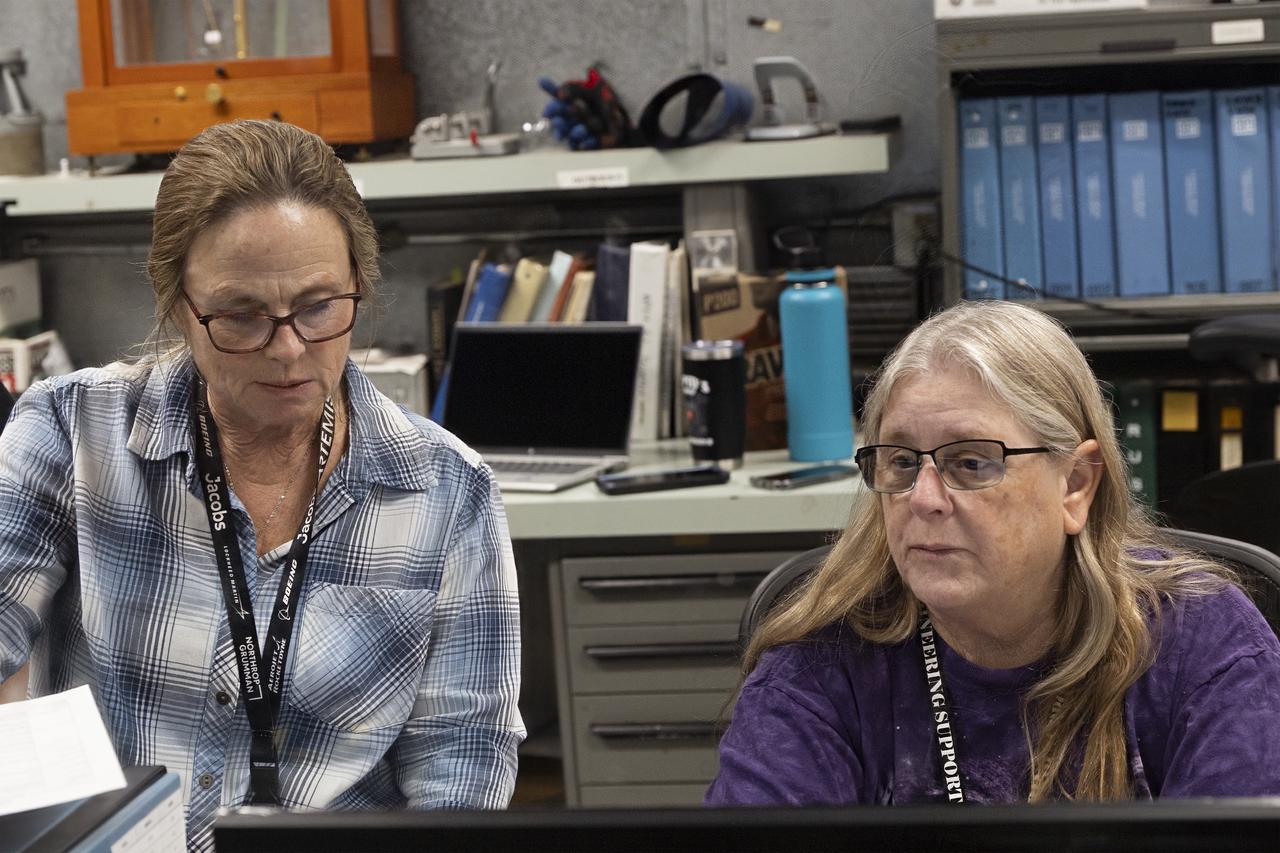 From left, April Torres and Karen Estes watch incoming data from vibration tests on the hypersonic Fiber Optic Sensing System at NASA’s Armstrong Flight Research Center in Edwards California. Testing on a machine called a shaker proved that the system could withstand the severe vibration it will endure in hypersonic flight, or travel at five times the speed of sound.