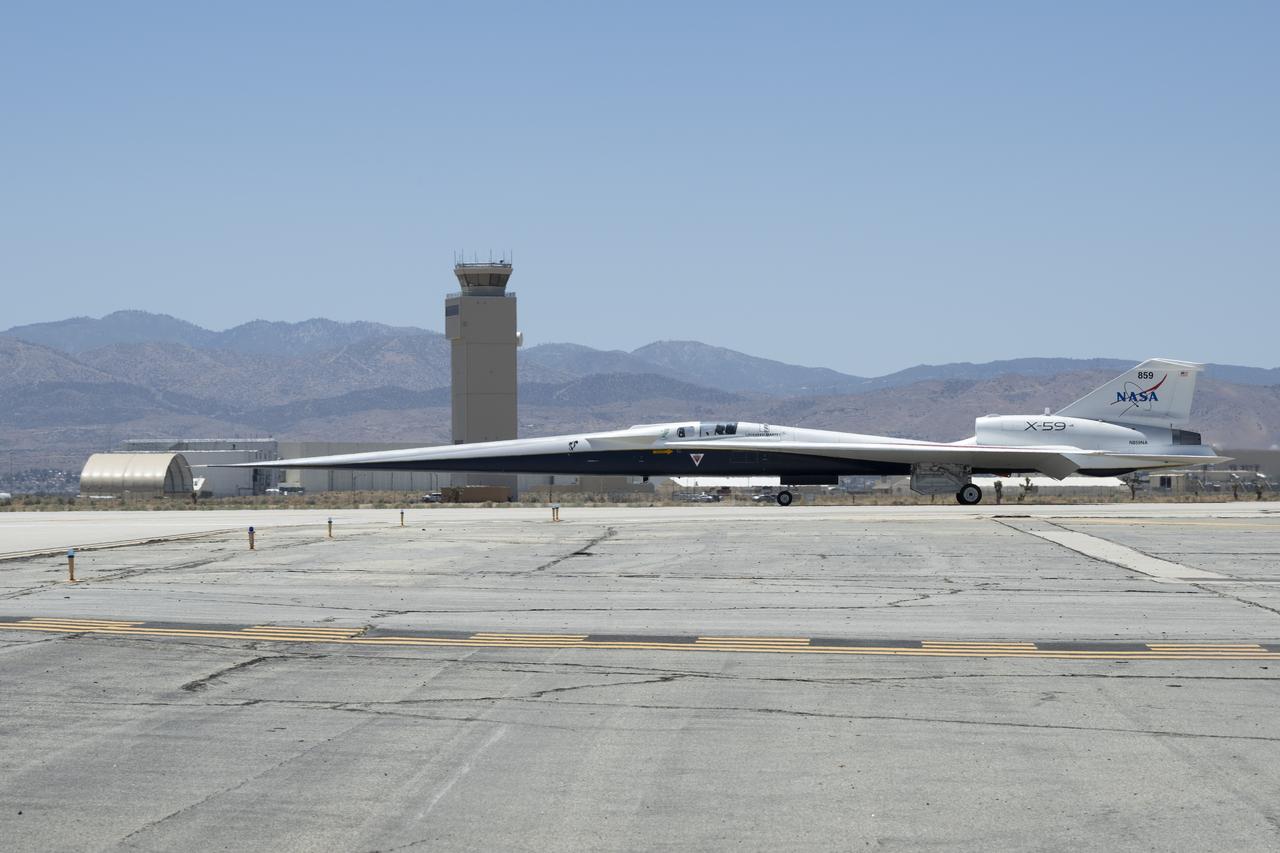 NASA’s X-59 quiet supersonic research aircraft taxis across the runway during a low-speed taxi test at U.S. Air Force Plant 42 in Palmdale, California, on July 10, 2025. The test marks the start of taxi tests and the last series of ground tests before first flight.