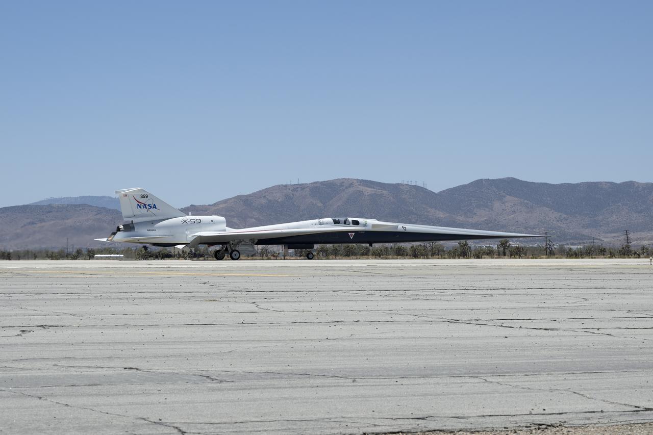 NASA’s X-59 quiet supersonic research aircraft taxis across the runway during a low-speed taxi test at U.S. Air Force Plant 42 in Palmdale, California, on July 10, 2025. The test marks the start of taxi tests and the last series of ground tests before first flight.