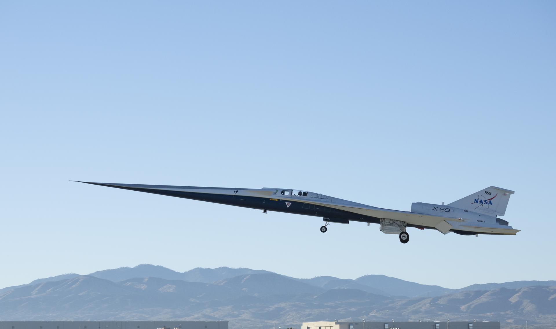 NASA’s X-59 quiet supersonic research aircraft lifts off for its first flight Tuesday, Oct. 28, 2025, from U.S. Air Force Plant 42 in Palmdale, California. The aircraft’s first flight marks the start of flight testing for NASA’s Quesst mission, the result of years of design, integration, and ground testing and begins a new chapter in NASA’s aeronautics research legacy.