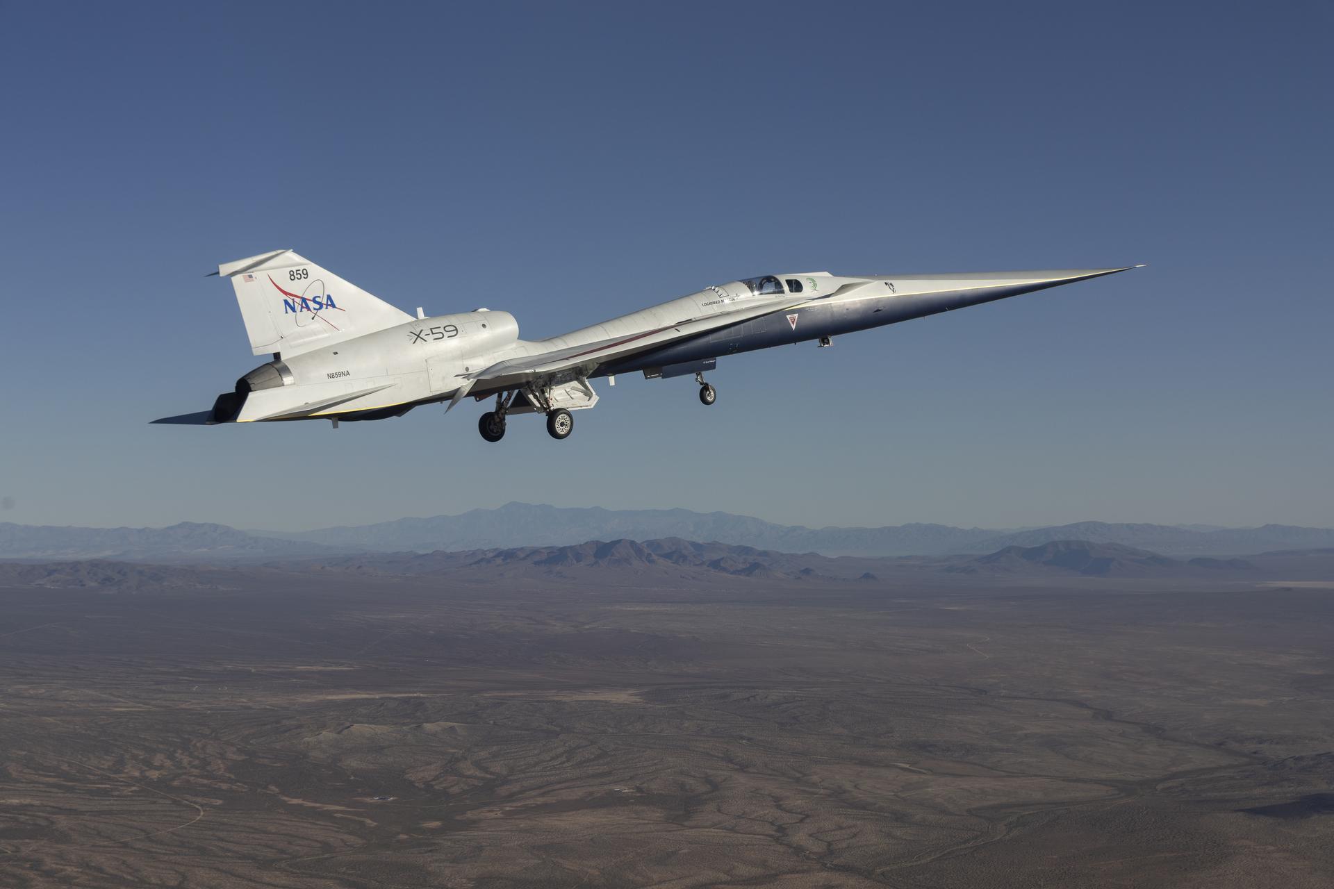 NASA’s X-59 quiet supersonic research aircraft lifts off for its first flight Tuesday, Oct. 28, 2025, from U.S. Air Force Plant 42 in Palmdale, California. The aircraft’s first flight marks the start of flight testing for NASA’s Quesst mission, the result of years of design, integration, and ground testing and begins a new chapter in NASA’s aeronautics research legacy.