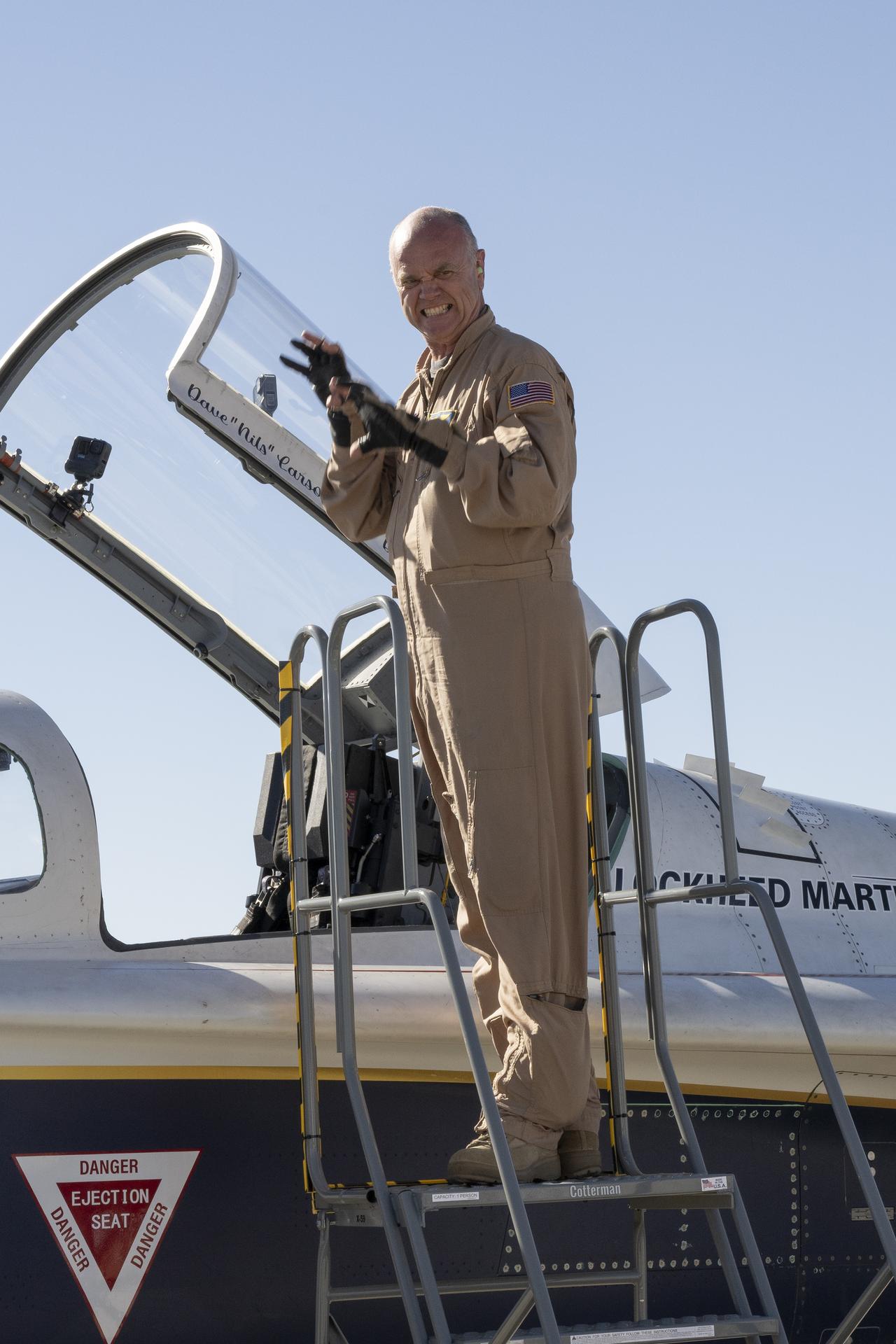 NASA test pilot Nils Larson steps out of the X-59 cockpit after completing the aircraft’s first flight on Tuesday, Oct. 28, 2025. The mission marked a key milestone in advancing NASA’s Quesst mission to enable quiet supersonic flight over land.