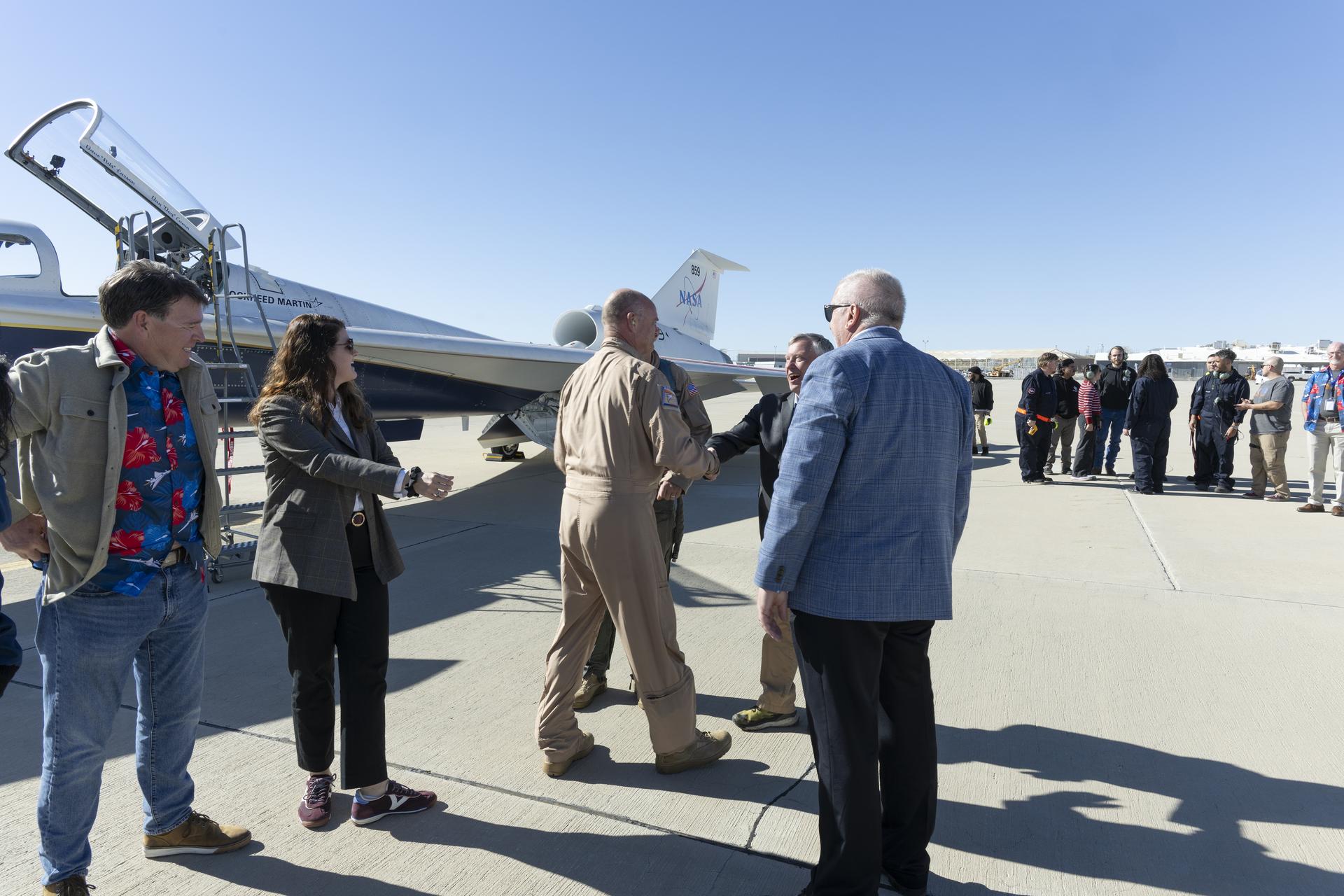 NASA leadership, ground crew, and support personnel gather to congratulate test pilot Nils Larson following his first flight of the X-59 on Tuesday, Oct. 28, 2025. The moment captures years of design, integration, and ground testing and marks the beginning of a new chapter in NASA’s aeronautics research legacy.