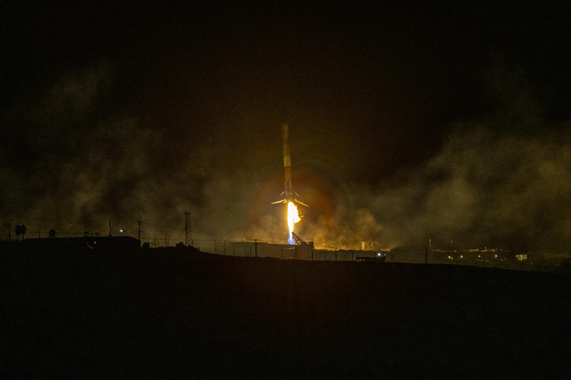 The first stage of a SpaceX Falcon 9 rocket lands at Vandenberg Space Force Base’s Landing Zone 4 in California on Sunday, Nov. 16, 2025, following the launch of the international Sentinel-6B spacecraft lifting off from Vandenberg’s Space Launch Complex 4 East. A collaboration between NASA, ESA (European Space Agency), EUMETSAT (European Organisation for the Exploitation of Meteorological Satellites), and the National Oceanic and Atmospheric Administration (NOAA), Sentinel-6B is designed to measure sea levels down to roughly an inch for about 90% of the world’s oceans.
