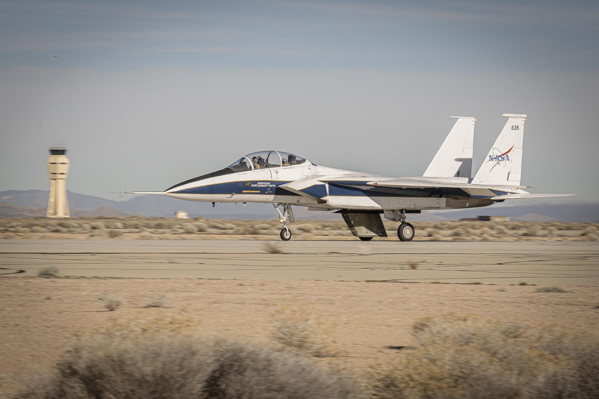 NASA’s Cross Flow Attenuated Natural Laminar Flow (CATNLF) scale model completes its first major milestone – high-speed taxi test – Tuesday, Jan. 12, 2026, at Edwards Air Force Base in California. NASA’s F-15 research aircraft, with the 3-foot-tall test article mounted on its underside, reached speeds of approximately 144 mph during testing. If successful, the technology could be applied to future commercial aircraft to improve efficiency and potentially reduce fuel consumption.