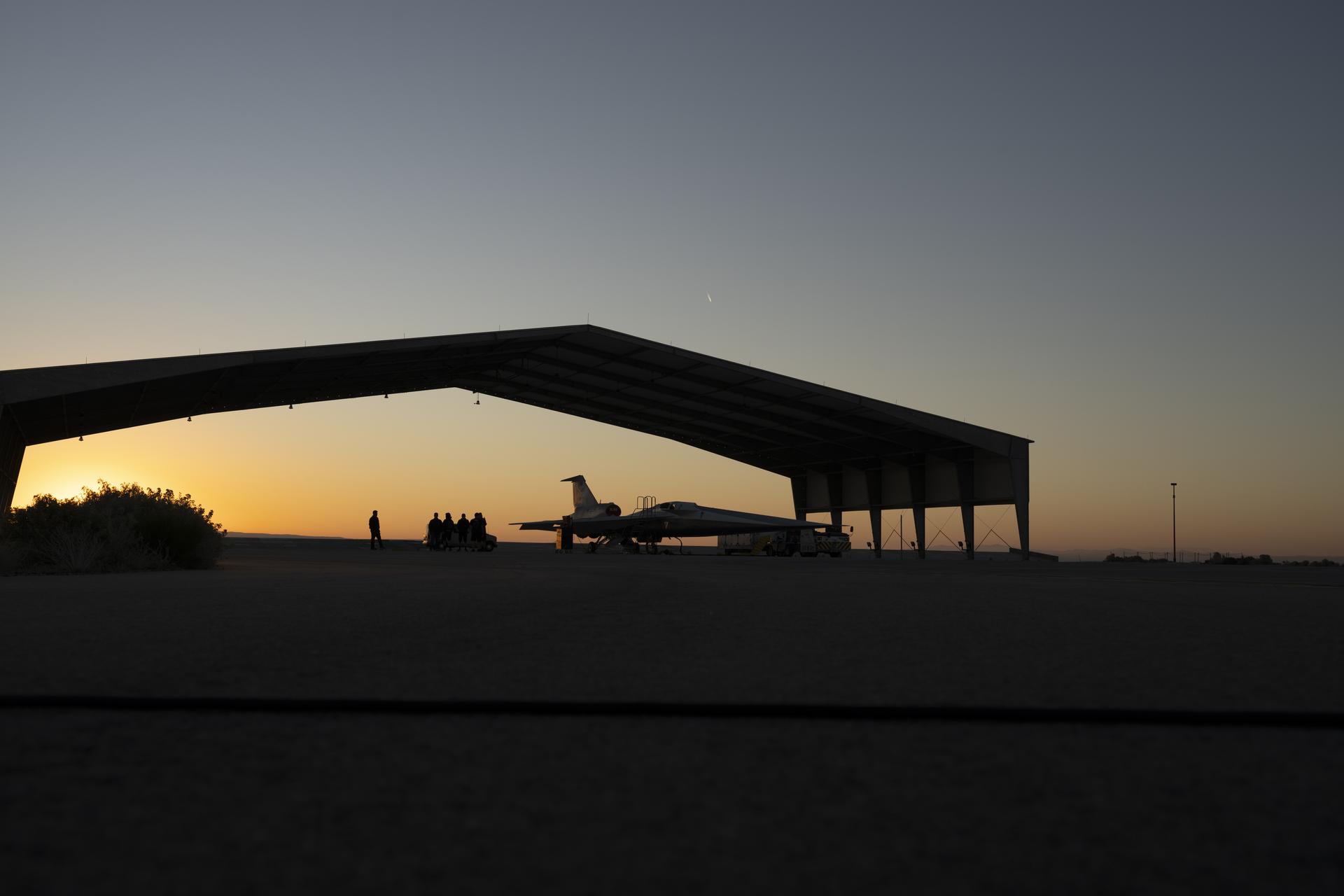 NASA’s X-59 quiet supersonic research aircraft sits in a run stall during sunrise on Tuesday, March 20, 2026, near NASA’s Armstrong Flight Research Center in Edwards, California, ahead of its second flight.