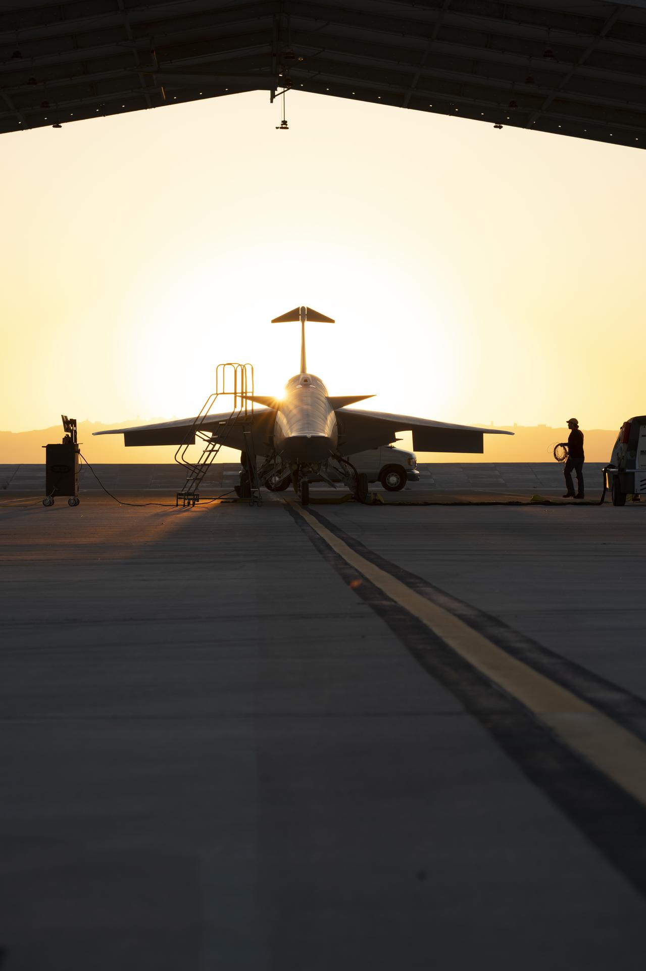 NASA’s X-59 quiet supersonic research aircraft sits in a run stall during sunrise on Tuesday, March 20, 2026, near NASA’s Armstrong Flight Research Center in Edwards, California, ahead of its second flight.