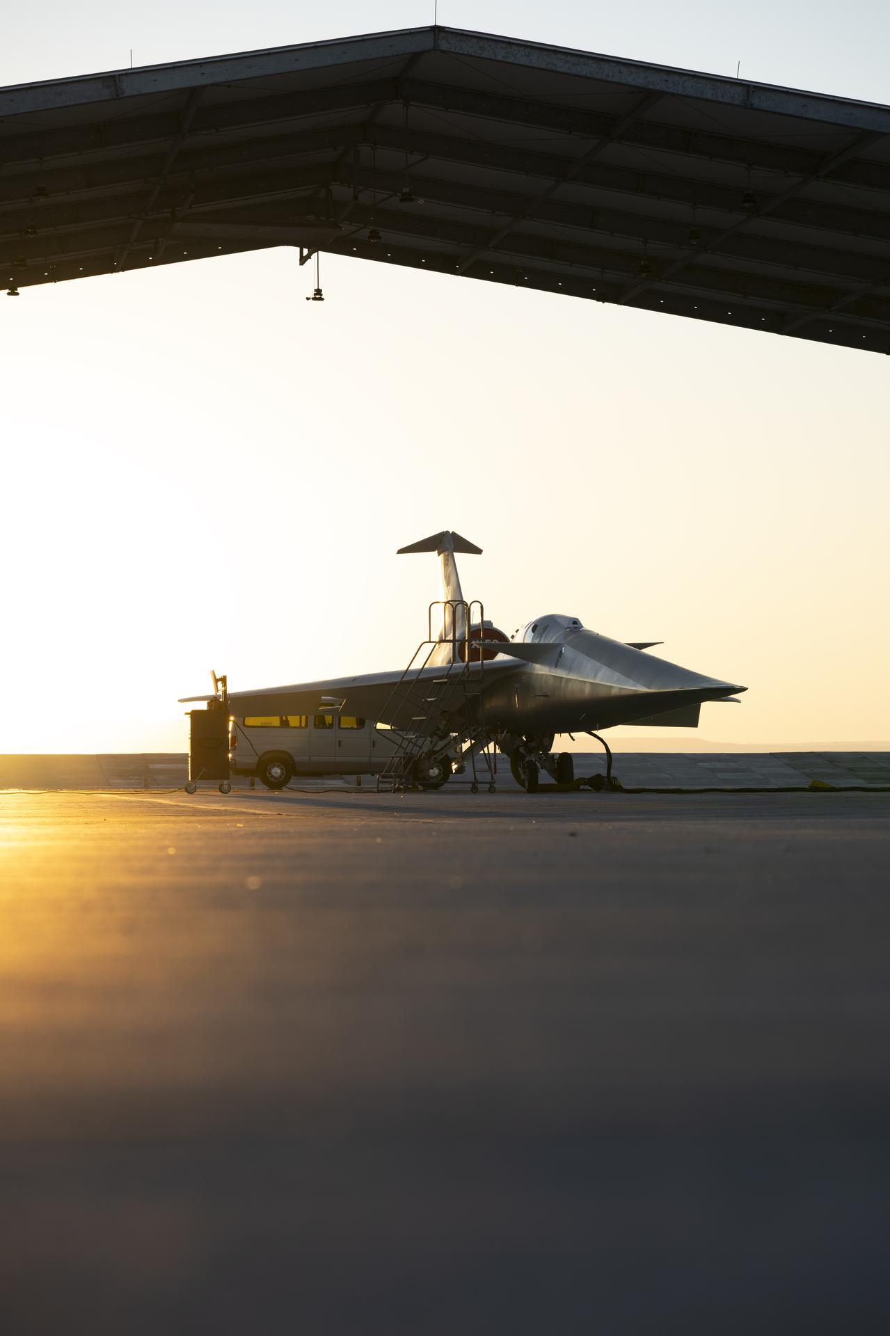 NASA’s X-59 quiet supersonic research aircraft sits in a run stall during sunrise on Tuesday, March 20, 2026, near NASA’s Armstrong Flight Research Center in Edwards, California, ahead of its second flight.