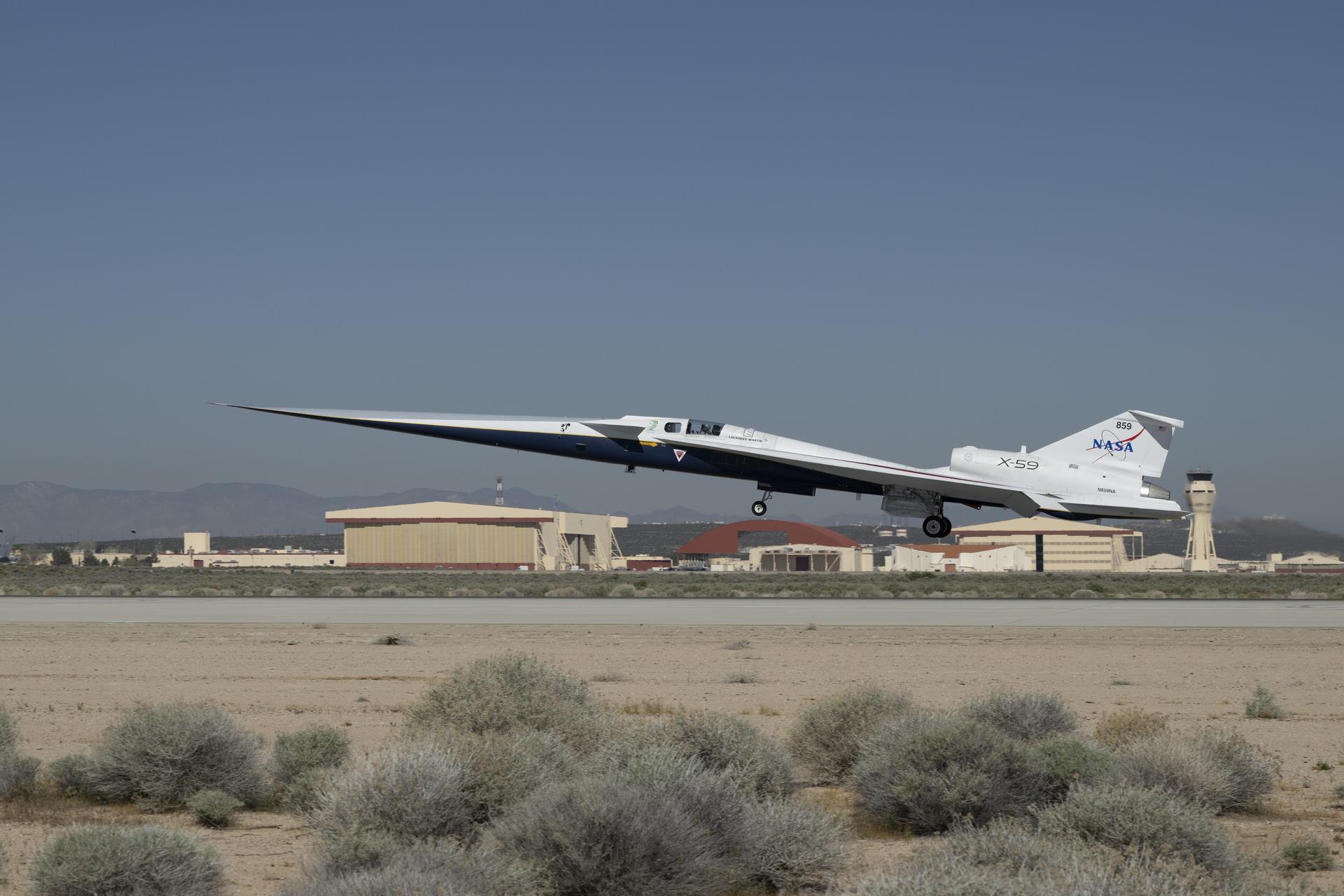 NASA’s X-59 quiet supersonic aircraft takes off for its second flight Friday, March 20, 2026, near NASA’s Armstrong Flight Research Center in Edwards, California. The X-59 is central to NASA’s Quesst mission, which aims to demonstrate quiet supersonic flight by reducing the loud sonic boom to a softer sonic “thump,” potentially enabling faster commercial air travel over land.